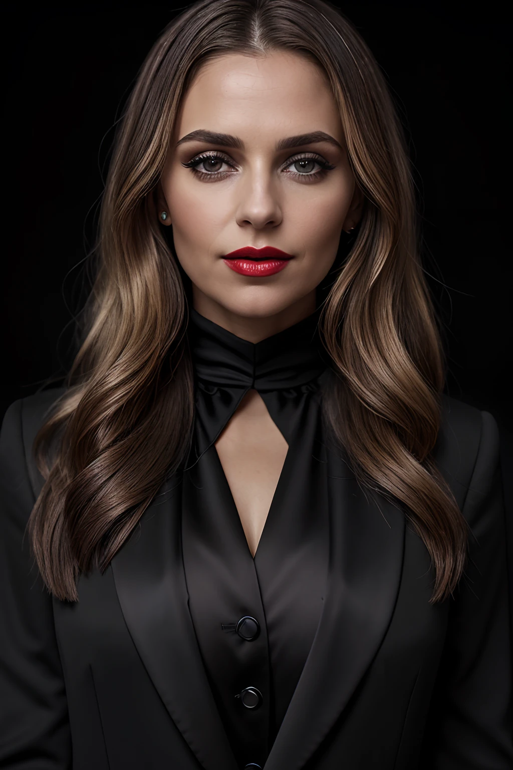 dark and gloomy, 8k, closeup photo of a 45 year old gorgeous oman dark background at night, (realistic dark blonde hair straight and with light waves) , makeup, red lips, brown eyes, (wearing black chanel tailoring blazer, black silk blouse and black straight tailoring pants), looking confidently, hyper realistic, {a girl with extremely beautiful olive skin},  (highly detailed skin: 1.2) {{{masterpiece}}}, realistic texture, dynamic composition, Fujifilm XT2, 85mm F1.2, shutter speed 1/80, (bokeh), high contrast