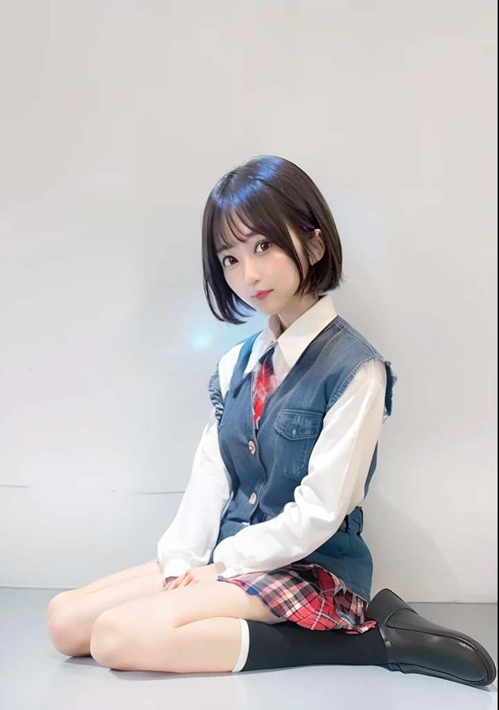 (highest quality、8k、32k、masterpiece、Hmph:1.2)、sexy、、Cute Japanese Women Photos、Twin tails、thin、slender、(Bobcut)、(Small Tits)、double eyelid、 Red open front shirt、Navy blue tie、You can see her underwear faintly、Red mini skirt、Thighs、Light blue wall、whole body、smile、sexy、Sitting in a chair、Thighs are visible