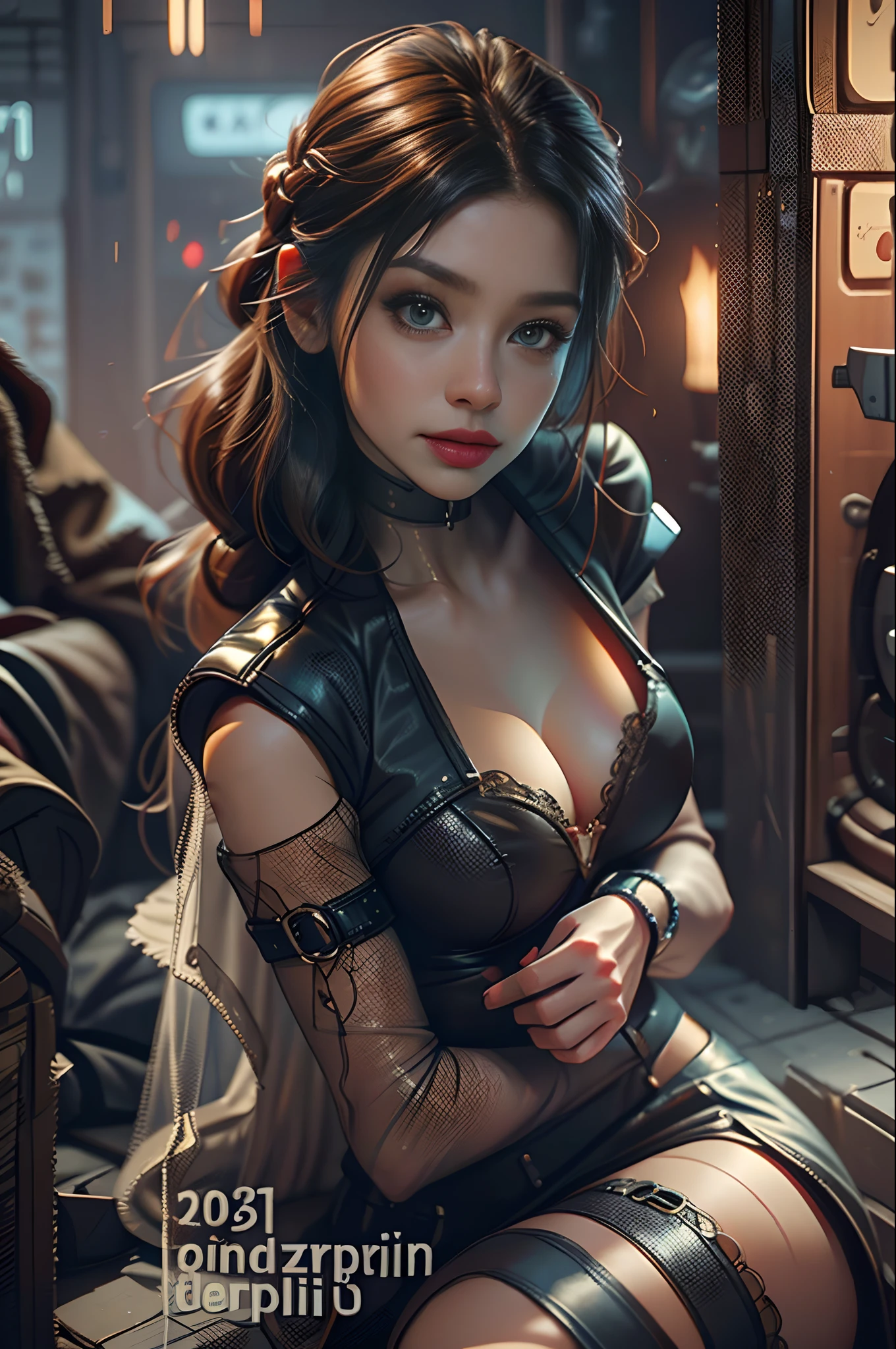 Beautiful girl in cyberpunk scene with medium breasts, long hair, (see-through, lower breasts), visible from dress, sitting in dead bodies, zombies city.