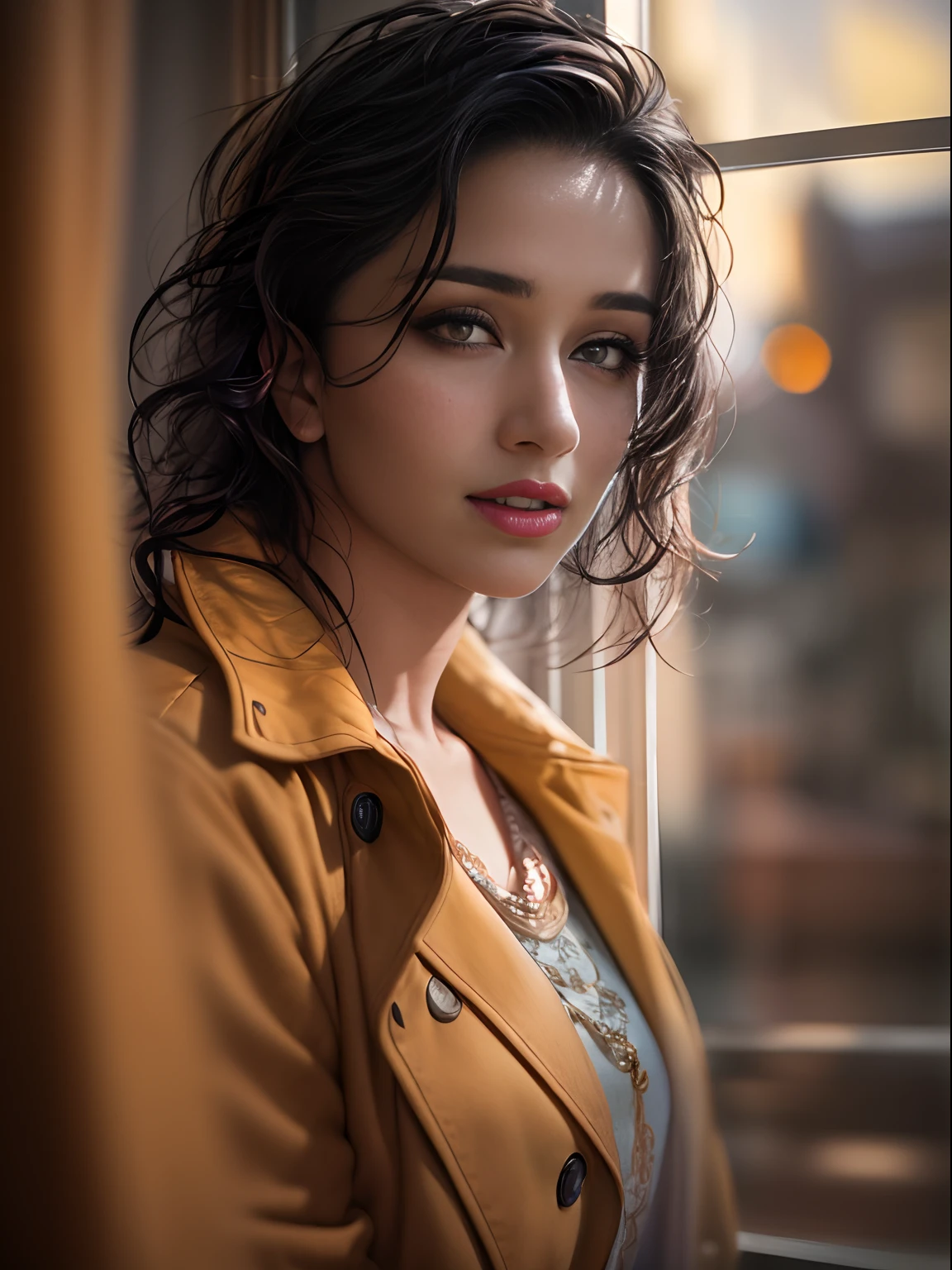 (skp potrait), (masterpiece).(best quality, photo-realistic, masterpiece:1.3), a close-up shot of a (25 yo cute woman:1.2) with (long disheveled black hair:1.2), her (yellow eyes:1.3) radiating a captivating glow, (perfectly symmetrical face:1.3) with subtle and flawless makeup, wearing a loose-fitting red coat, (emphasis on her enchanting eyes:1.3), as she leans against the window in her room, gazing outward, her expression a gentle and cheerful one, a glimpse into the warmth and joy she holds within, Cinematic, Hyper-detailed, insane details, beautifully color graded, Super-Resolution, Megapixel, Cinematic Lightning,  Post Processing, Post Production, Tone Mapping Insanely detailed and intricate, Hyper maximalist, Volumetric, Photorealistic, ultra photoreal, ultra-detailed, intricate details, 8K, Super detailed, Full color, Volumetric lightning, HDR, Sharp focus,

Camera Model: Canon EOS R6,

Lens: Canon RF 50mm f/1.2L USM