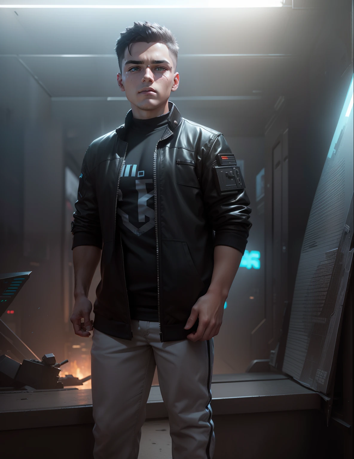 "3D, hyper-realistic cyberpunk environment with a cutting-edge technology backdrop. High-resolution 8k image featuring a youthful, clean-shaven boy with a cute and innocent face, resembling an 18-year-old." , Little chubby boy