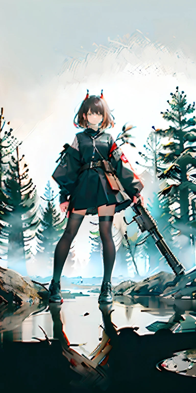 (central persona/full body), cute cat girl, textured short black hair, armed with AR-15, weaver stance, ready to shoot, amidst the woods, dim background composition, ambient, calm and still, girl, fantastic, ultra high definition, dim colors and camouflage, black, forest, woods, (black and white/gray hair), masterpiece, high quality, gray, (devil/person)
