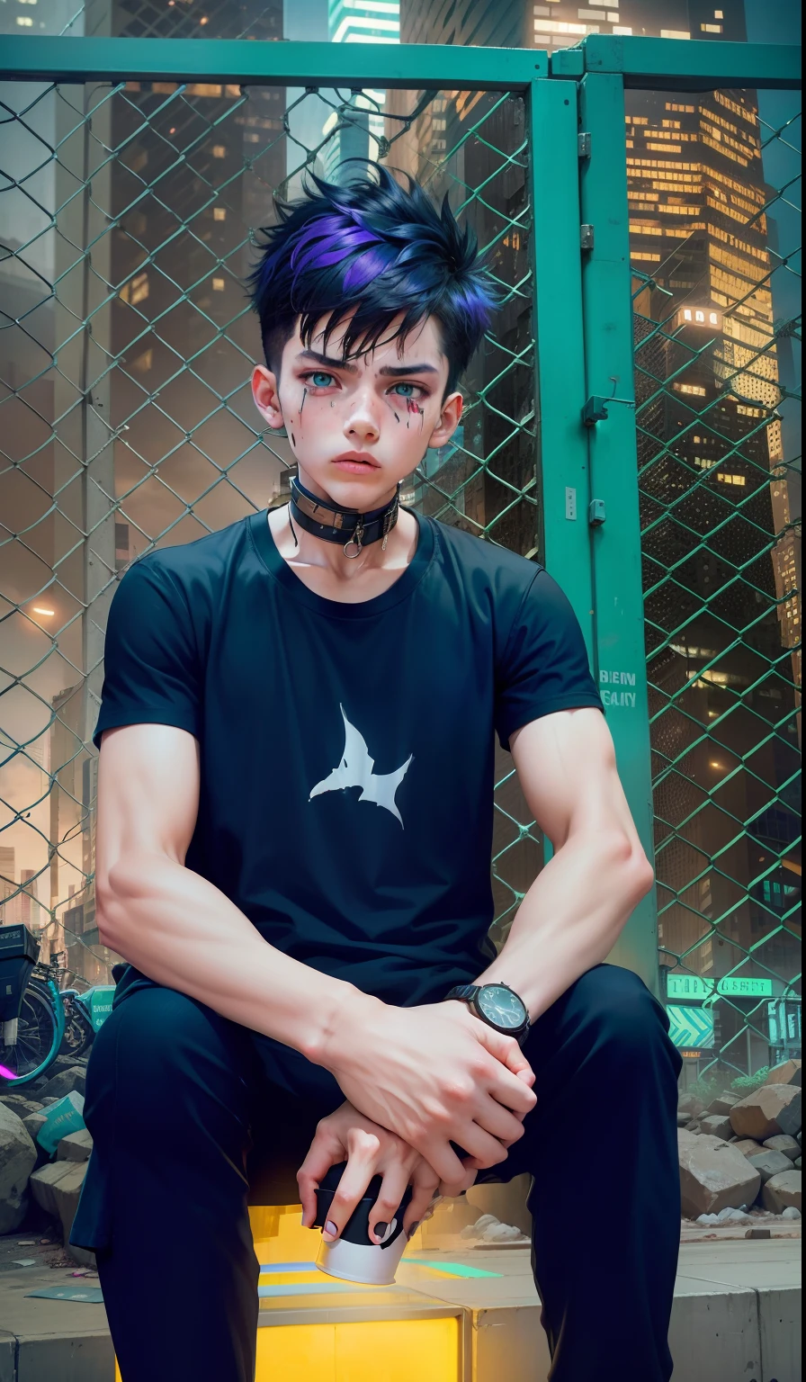 In the cyberpunk city, a lonely boy stands alone in the street. He was wearing a black coat, holding a cup of hot coffee 🍵 in his hand, and his eyes were a little confused. His hair was dyed bright purple and fluttered in the wind. Behind him is a tall concrete enclosure covered with various graffiti and slogans. The buildings in the distance are tall and surrounded by neon lights. The whole city seemed very deserted, only the light from the traffic lights on the streets cut through the darkness. The boy's face was expressionless, as if he had been engulfed by the city. --auto --s2