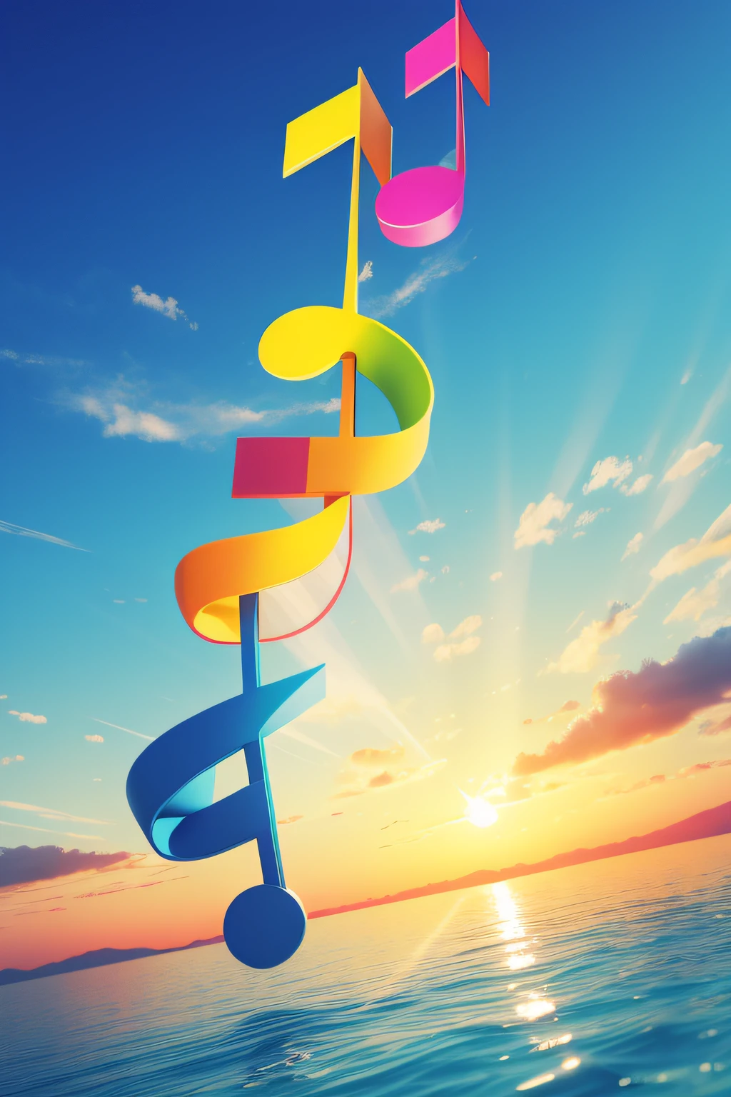 colorful and 3d rendering of musical notes, sky sunny, wonderful.