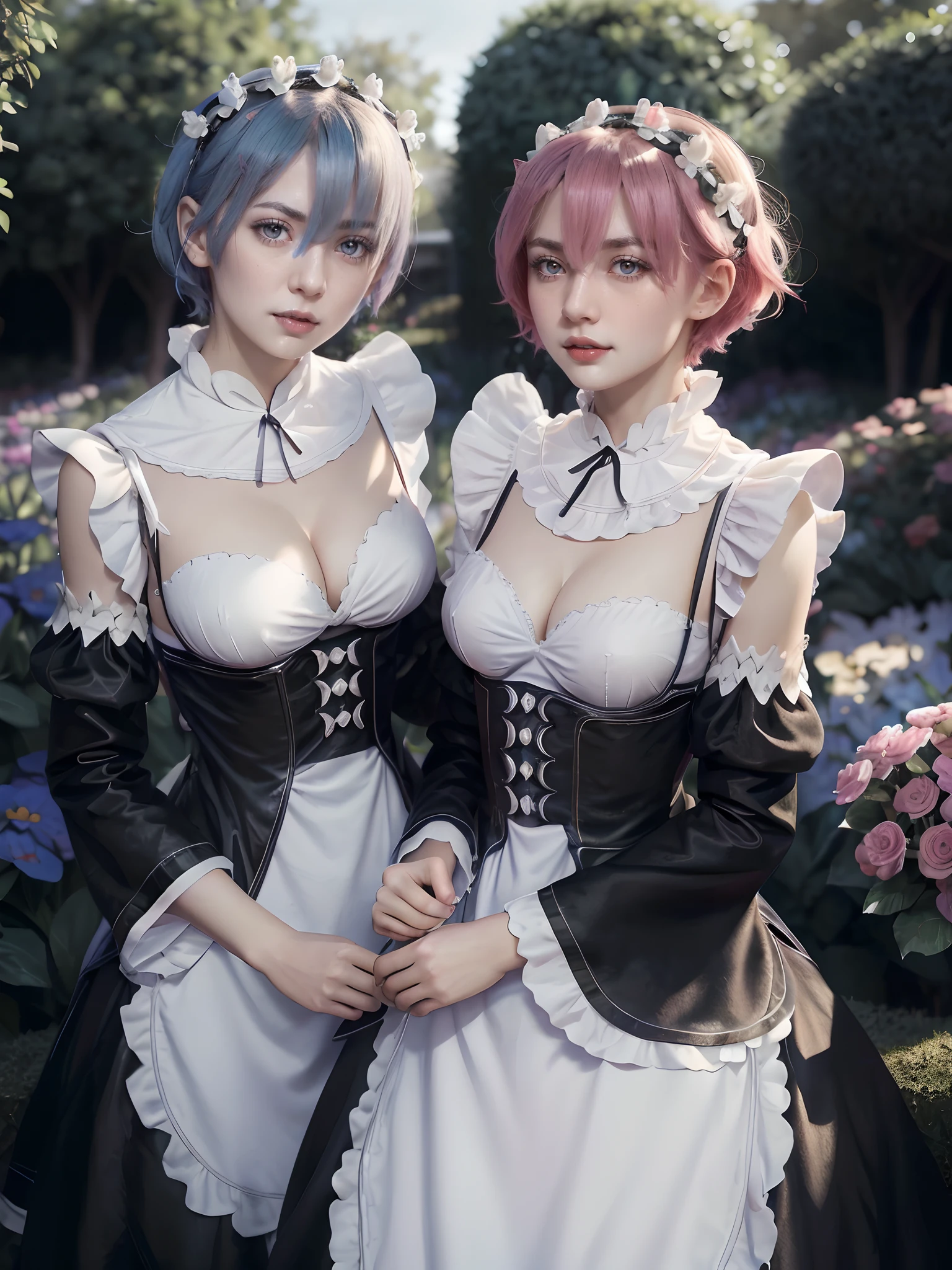 (masterpiece, best quality:1.4), (full body), (standing on the garden:1.4), (2girls:1.5), (ram_rezero with pink hair:1.2), (rem_re_zero with blue hair:1.2), looking at viewer, rem_re_zero, short hair, maid uniform, (black maid uniform:1.5), hair ornament, cleavage, maid headdress, detached sleeves, ribbon, medium breasts, ram_rezero, short hair, (red eyes, red iris), maid uniform, (black maid uniform:1.5), hair ornament, cleavage, maid headdress, detached sleeves, ribbon, medium breasts, beautifull smile, (beautiful face), (highly detailed face, highly detailed eyes), (highly detailed skin), skin pores, subsurface scattering, realistic pupils, full face blush, full lips, depth of field, volumetric lighting, sharp focus, absurdres, realistic proportions, good anatomy, (realistic, hyperrealistic:1.4), 16k hdr