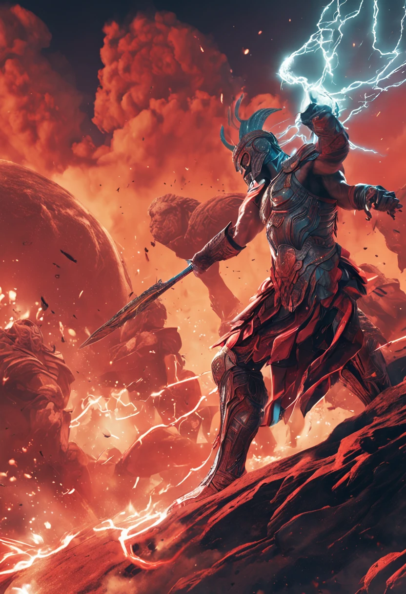 the goddess athena and the god ares mid fight on a planet of fire and thunder both looking beat up from a fight. blood and sweat