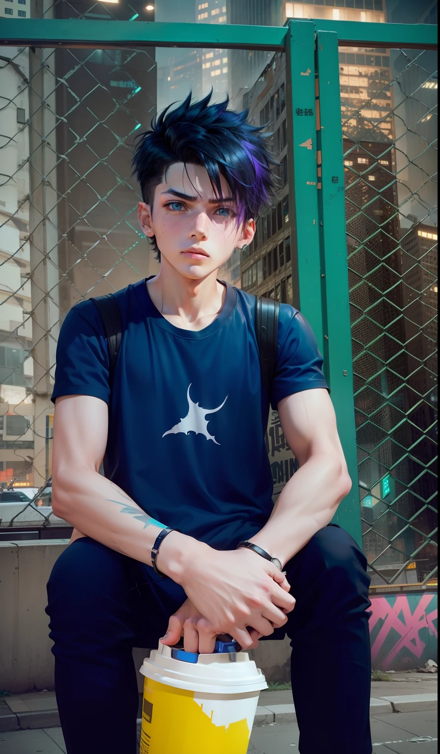In the cyberpunk city, a lonely boy stands alone in the street. He was wearing a black coat, holding a cup of hot coffee 🍵 in his hand, and his eyes were a little confused. His hair was dyed bright purple and fluttered in the wind. Behind him is a tall concrete enclosure covered with various graffiti and slogans. The buildings in the distance are tall and surrounded by neon lights. The whole city seemed very deserted, only the light from the traffic lights on the streets cut through the darkness. The boy's face was expressionless, as if he had been engulfed by the city. --auto --s2