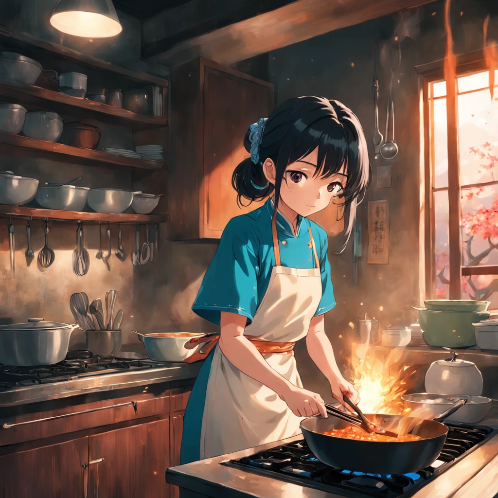 interior design asian kitchen with girl cooking, she is yong female wearing apron