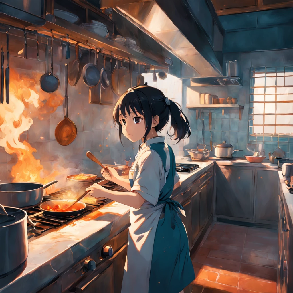 interior design asian kitchen with girl cooking, she is yong female wearing apron