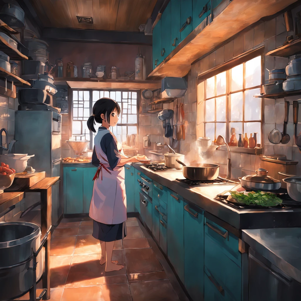 interior design asian kitchen with girl cooking, she is yong female wearing apron