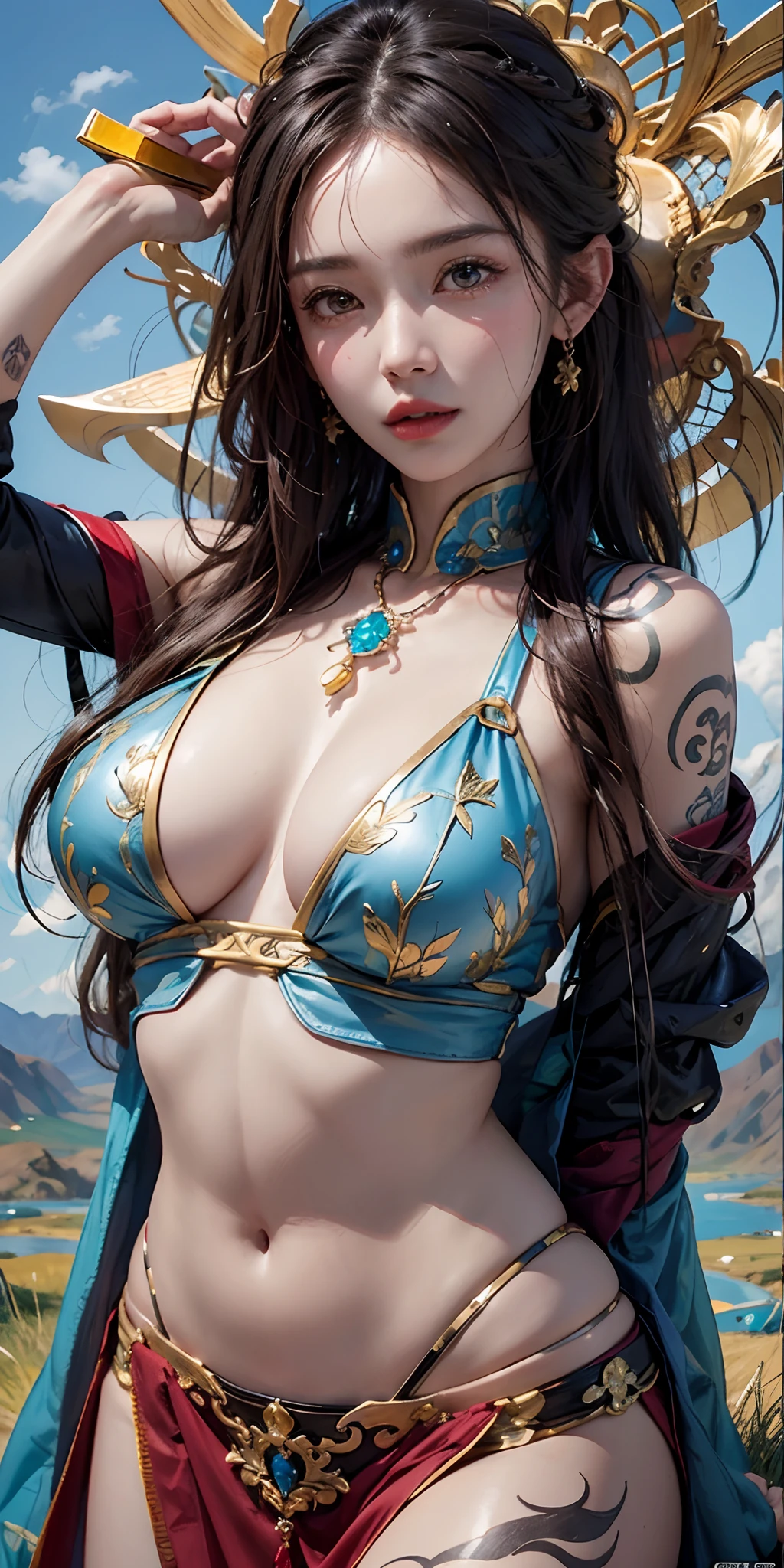 photorealistic, high resolution, soft light,1women, solo, hips up, shining skin, (detailed face), plateau,blue sky,grassland,extreme detailed,torogao, tibet, tibet clothes, jewelry, tattoo