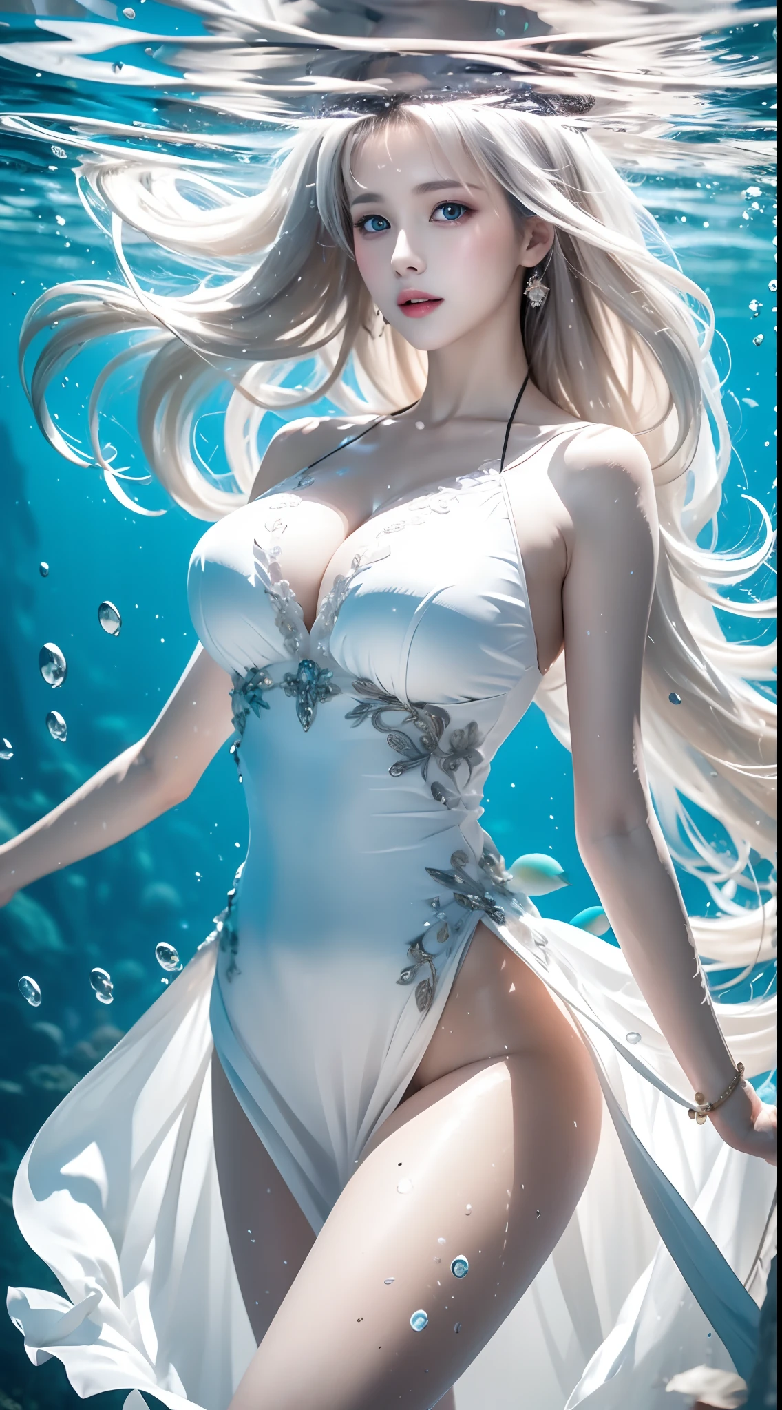 Double whirlwind pattern design garment,Heterochromic pupils,Silver-haired girl,Partial underwater photography,wallpaper hd