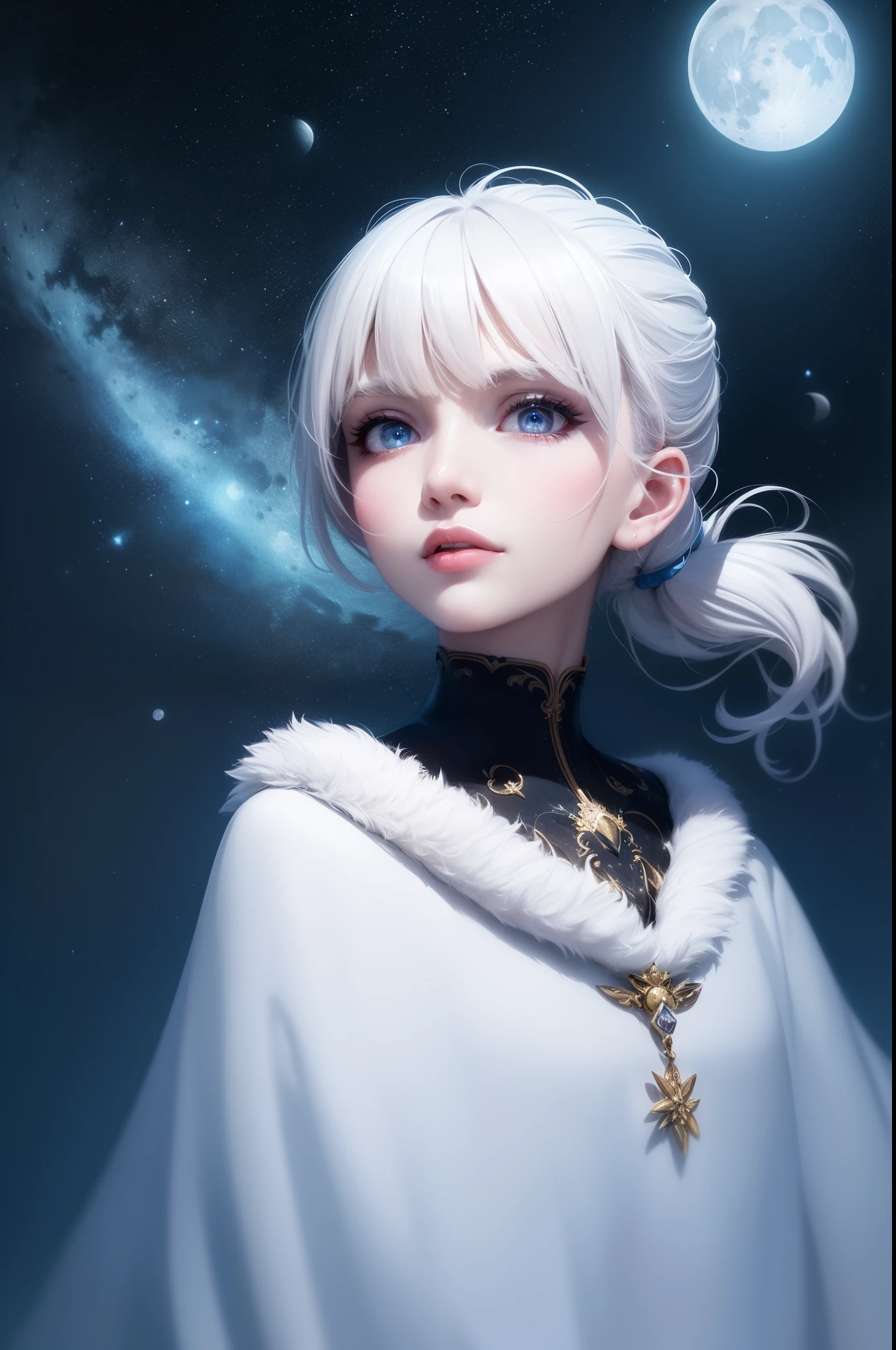 masterpiece, (best quality:1.2), (ultra-detailed:1.2), illustration, (an extremely delicate and beautiful:1.2),cinematic angle,floating, (beautiful detailed eyes:1.1), (detailed light:1.1),cinematic lighting, beautifully detailed sky, women, white hair, blue eyes, (high ponytail:1.1), cloak, glowing eyes, (moon:1.2), (moonlight:1.1), starry sky, (lighting particle:1.1), fog, snow painting, sketch, bloom