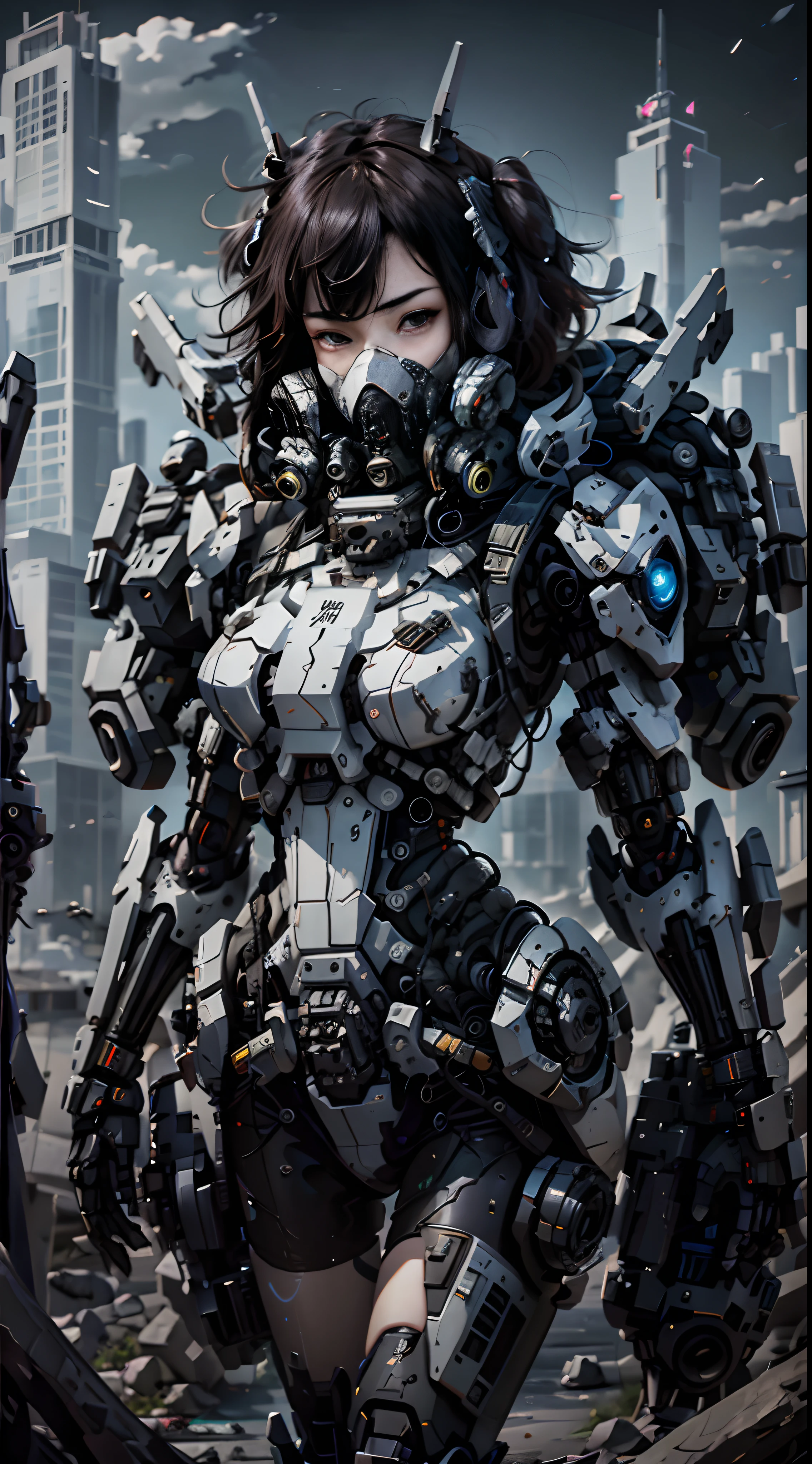 This is a CG Unity 8k wallpaper with ultra-detailed, high-resolution and top quality in cyberpunk style, dominated by black and red. In the picture, a beautiful girl with white messy short hair, a delicate face, wearing a steam mecha mask, standing on the ruins, behind her is a huge robot, and the action of a woman holding a heavy sniper rifle in her hand,