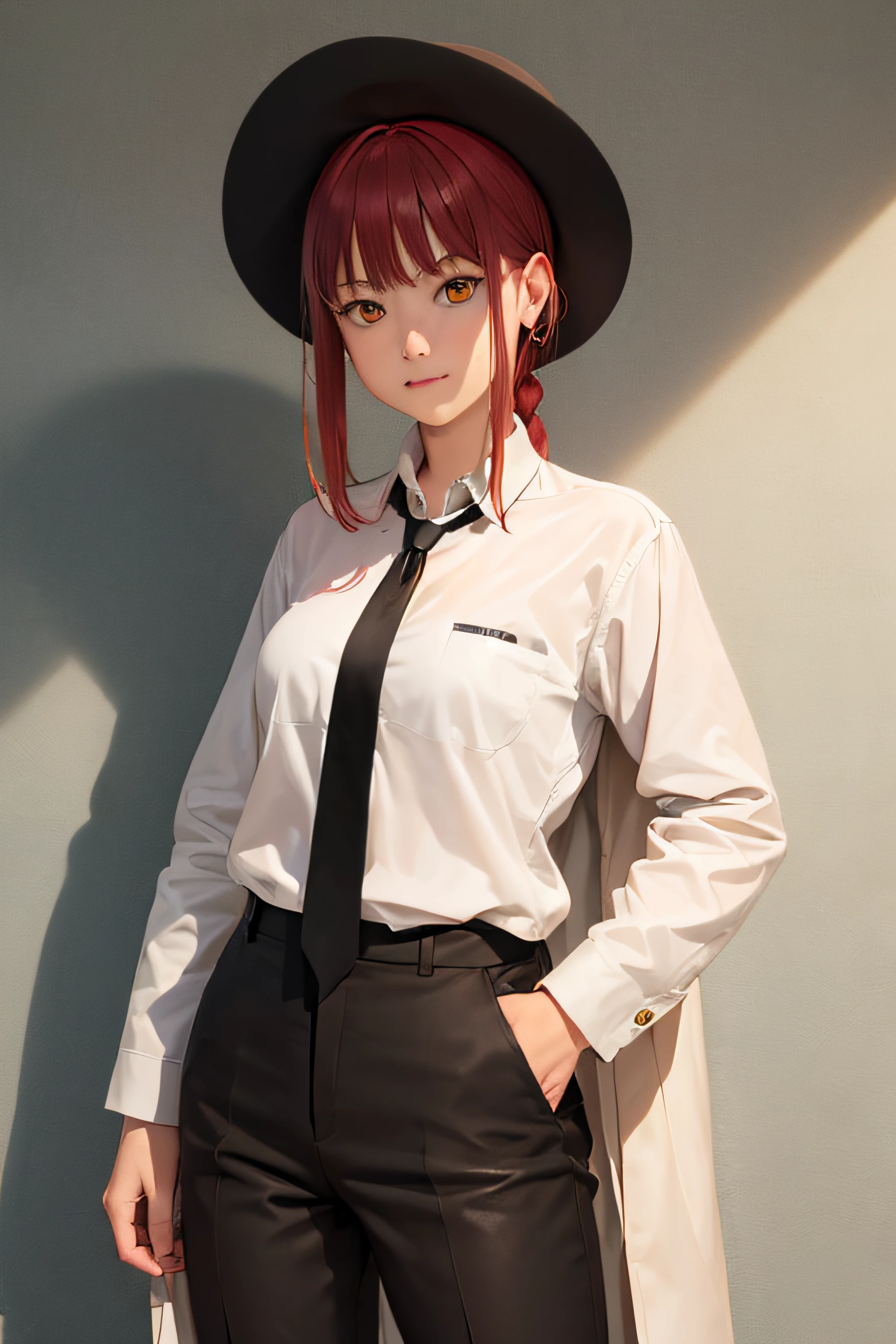 (masterpiece, best quality:1.2), cowboy shot, solo, 1girl, makima, expressionless, closed mouth, looking at viewer, hands in pockets, braided ponytail, ringed eyes, formal, coat, collared shirt, black necktie, black pants