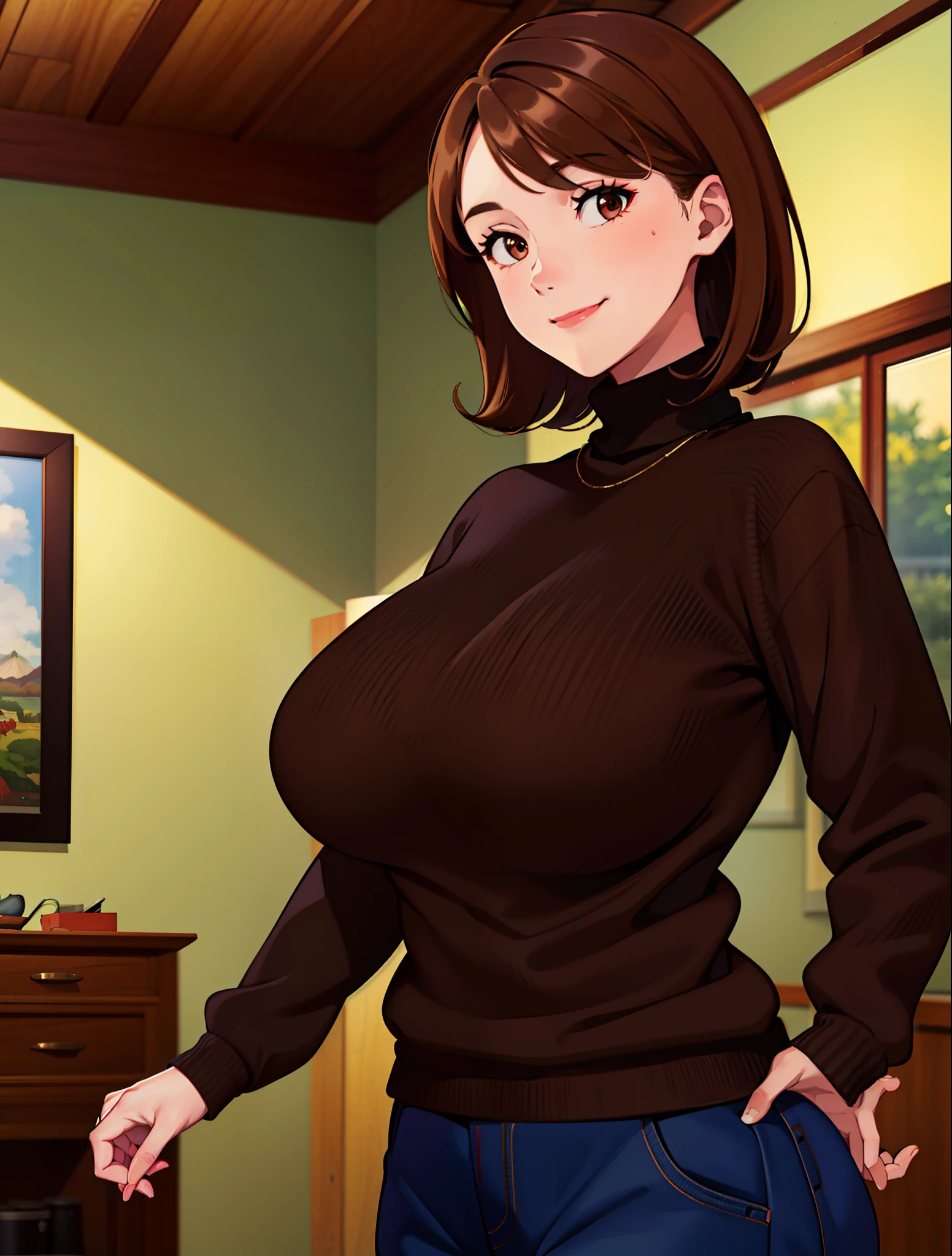 Helenpah, ​masterpiece, top-quality, 独奏, brown haired, brown-eyed, turtle neck, Sweaters, a smile, shorth hair, turtle necked sweater, Black sweater, 1girl in,  Mouth closed, Indoors, portraitures, Black sweater,huge tit、large udder、