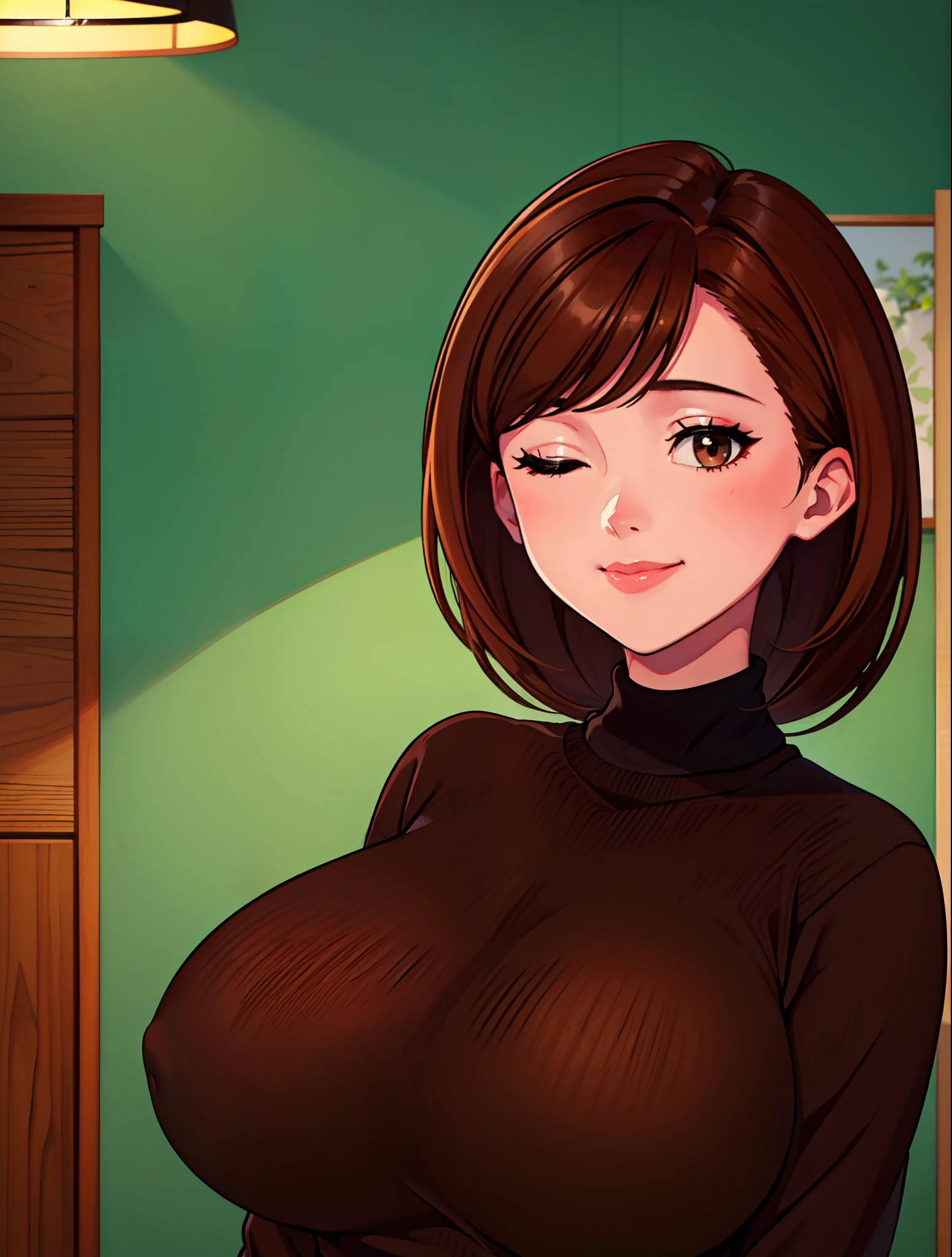 Helenpah, masterpiece, top-quality, 独奏, brown haired, brown-eyed, turtle neck, Sweaters, a smile, shorth hair, turtle necked sweater, Black sweater, 1girl in, Mouth closed, Indoors, portraitures, Black sweater,huge tit、large udder、
