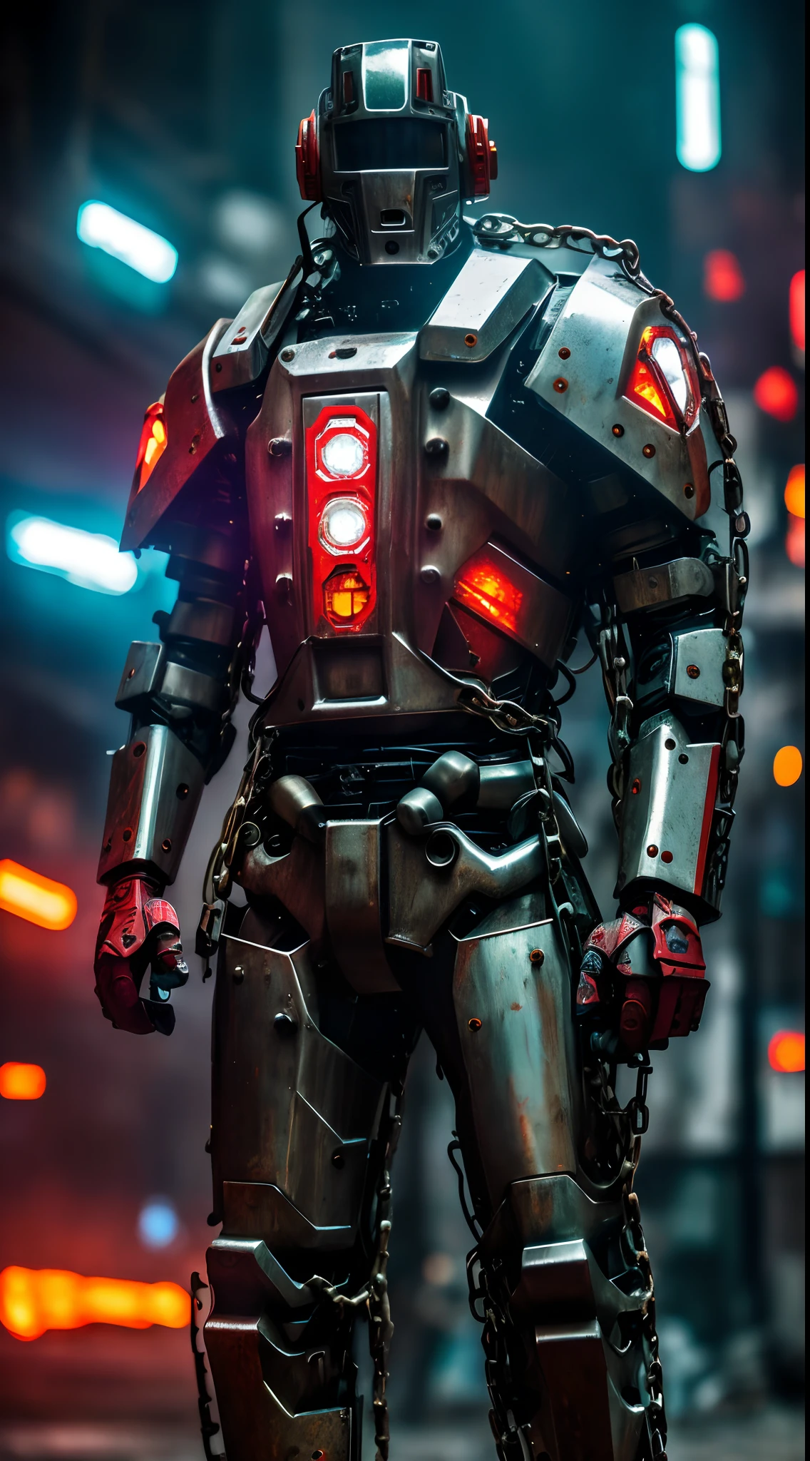 Dark_Fantasy,Cyberpunk,(chain saw,chain saw man,Red:1.1),1man,Mechanical marvel,Robotic presence,Cybernetic guardian, wearing a worn-out mech suit, intricate, (steel metal [rusty]), elegant, clear focus, shot by greg rutkowski, soft lighting, vibrant colors, masterpiece, ((street)), cowboy shot, dynamic pose,