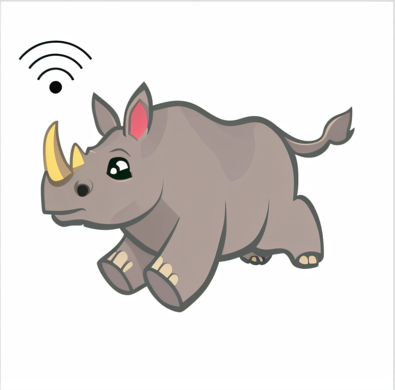 Cartoon rhinoceros running with a cell phone in his mouth, The rhino's body turns emerald green,Rhino horn turns ruby red,
