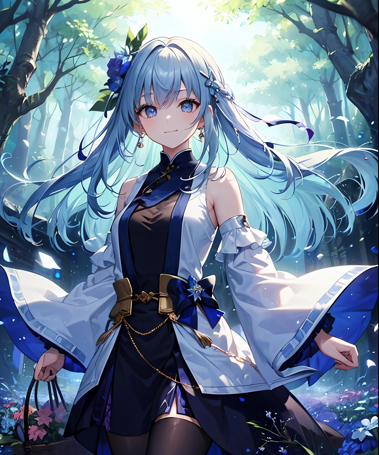 (((​masterpiece)))、(((top-quality)))、((ultra-detailliert))、(illustratio)、((extremely delicate and beautiful))、dynamic ungle、A smile、floating、Blue-haired、(Detailed light) (1girl in)、、Put flowers in baskets、独奏、The long-haired、The wind is blowing、A WORLD、In nature、Some flowers are blooming、Labyrinth of nature、（The tree々Tunnel of）（the woods, (detailed eyes)