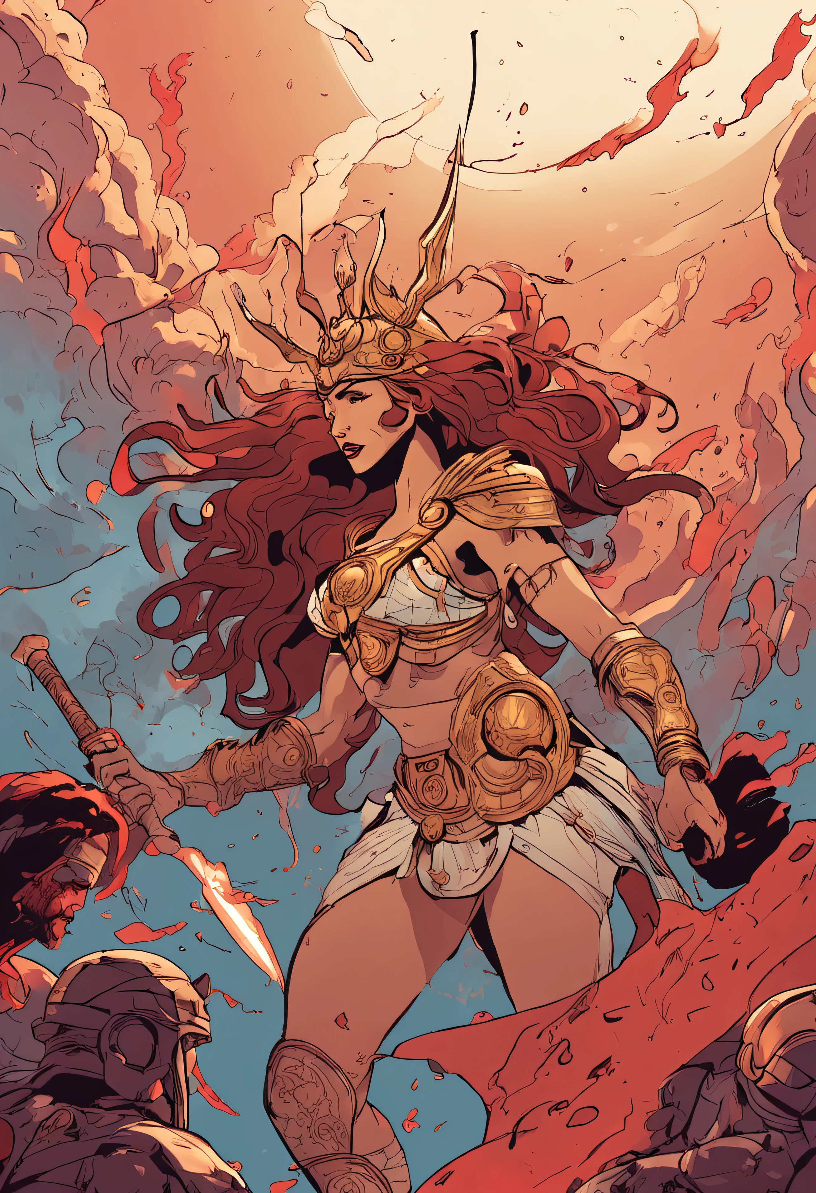 the goddess athena and the god ares mid fight on a planet of fire and thunder both looking beat up from a fight. blood and sweat