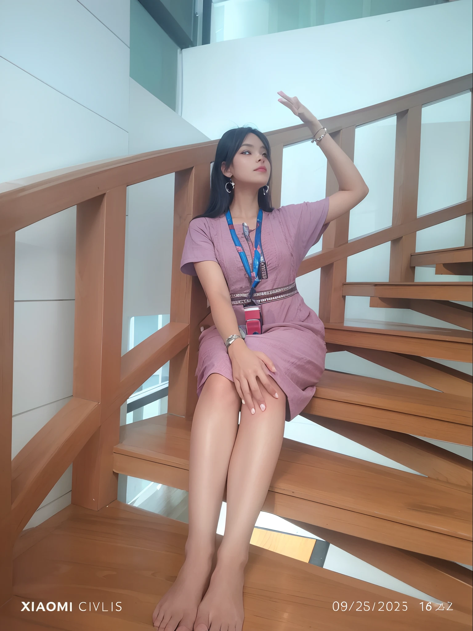 there is a woman sitting on a wooden staircase with her hand up, taken with a canon dslr camera, distorted pose, taken with the best dlsr camera, taken with sony a7r camera, with a cool pose, various poses shooting photos, posing like a statue, doing an elegant pose, taken with a canon eos 5d