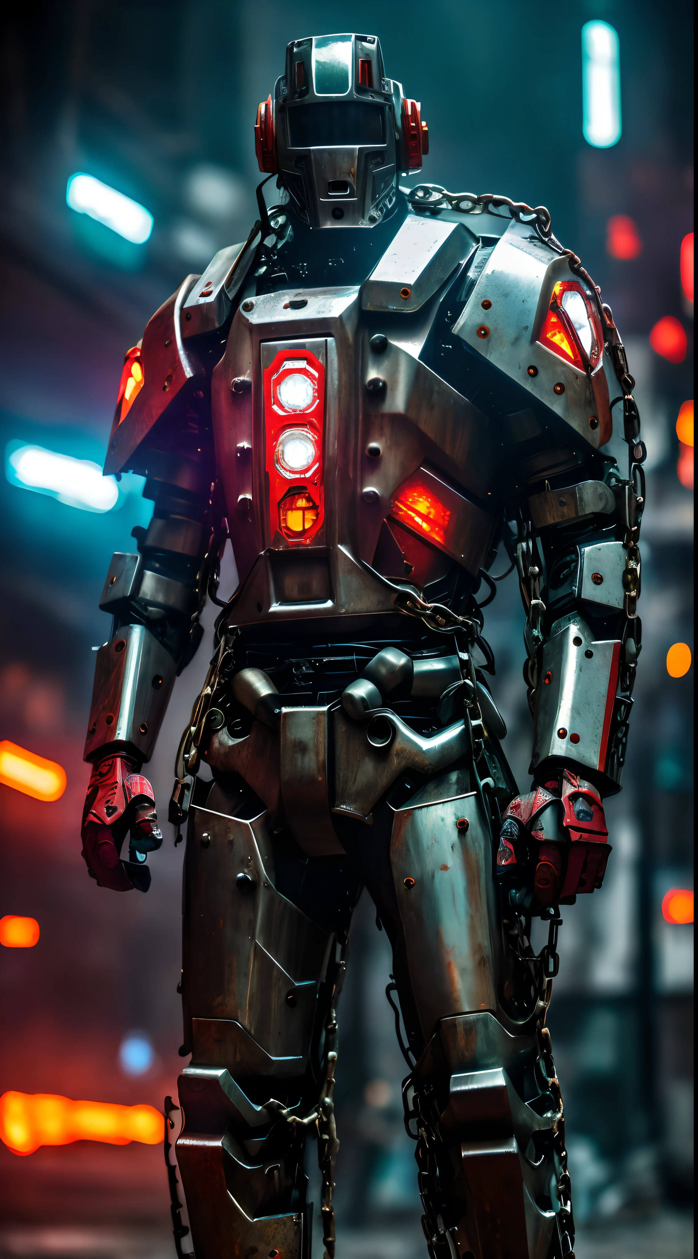 Dark_Fantasy,Cyberpunk,(chain saw,chain saw man,Red:1.1),1man,Mechanical marvel,Robotic presence,Cybernetic guardian, wearing a worn-out mech suit, intricate, (steel metal [rusty]), elegant, clear focus, shot by greg rutkowski, soft lighting, vibrant colors, masterpiece, ((street)), cowboy shot, dynamic pose,