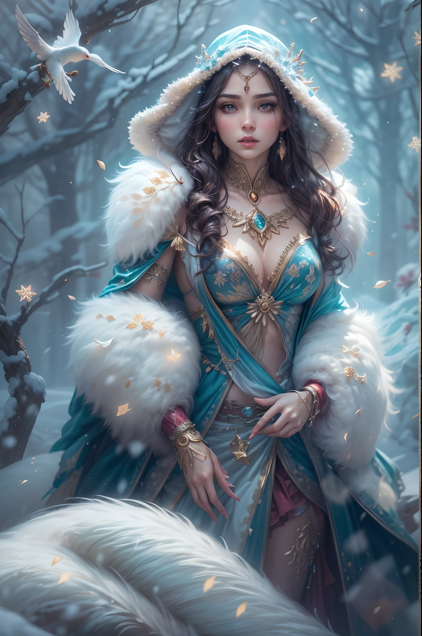 This is a realistic fantasy artwork taking place in a subzero cold winter landscape. Generate a stately, elegant, and graceful Pocahontas elf in a magical world of stunning gilded roses with multicolors and shimmering ice glittering in the light. Her face is elegant and middle-aged and includes realistic shading, incredibly detailed and distinct features, soft puffy and kissable mouth, and (realistic eyes). (Her eyes are important) and should be (beautiful detailed eyes with macro details), realistic details, and a shifting array of beautiful blue colors. Her clothes should be delicately spun from weightless, airy, and expensive gossamer silk with delicate and very subtle floral embroidery, (((many warm layers))), and a variety of complementary colors as well as lots of luxurious fur. Her breasts are subtle and her clothing is very warm and heavy. This image is incredibly creative and emphasizes the beautiful detail of the gilded roses and the pure snow on the ornate ice. Include beautiful detailed snowflakes, icy air, and magical doves. Include pebbles, stones, bumps, glitter, and iridescence. Camera: Utilize dynamic composition techniques to draw the viewer into the scene. Lighting: Enhance the glitter of the snow and ice and emphasize the fantasy winter aspect of the image. Take inspiration from top masters of the genre and trending Midjourney and ArtStation art.