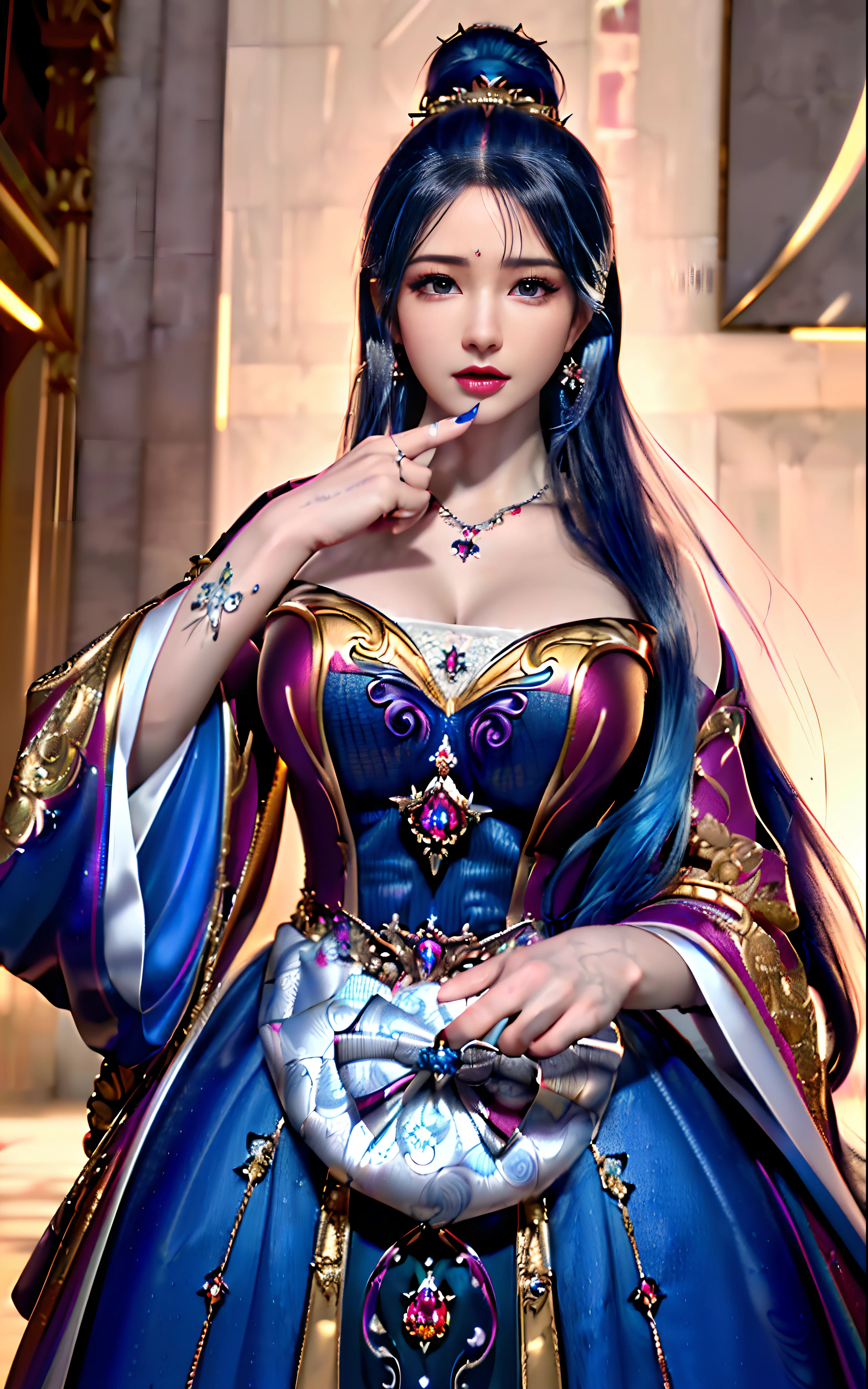 ((realisticity: 1.2)), ((realistic: 8K UHD)), ((best resolution: 8K UHD)), hyper detailed, best quality,masterpiece,highres,cg, ((1 girl hyper detailed and hyper realistic) ) , ((beautiful queen, hyper realistic and hyper detailed)),((white skin, beautiful, smooth, youthful, hyper realistic and hyper detailed )), ((Face hyper beautiful, white, hyper realistic and hyper detailed ) ), long hair, ((hyper realistic and hyper detailed dress)), solo, ((hyper realistic, hyper beautiful, beautiful and hyper detailed jewelry)), ((hyper beautiful deep red and golden yellow dress, hyper realistic and hyper detailed )) , ((Her pretty, hyper realistic, hyper detailed diamond filled earrings)), ((Her gorgeous diamond haircut, hyper realistic and hyper detailed)), ((hyper pretty upper body, hyper beautiful, hyper realistic and hyper detailed) ), ((medium breast: 1.1)), ((hyper realistic, hyper pretty, hyper detailed boobs)), ((the backgroun of the royal palace is hyper majestic, hyper realistic and hyper detailed)),((hands and palms hyper beautiful, hyper detailed, hyper realistic)), ((hyper detailed and hyper realistic fingers and fingernails)), ((hyper pretty fingernails, hyper vivid, hyper detailed, hyper realistic)), ((thumb, index finger, middle finger, ring finger, little finger hyper vivid, hyper pretty, hyper detailed, hyper realistic)), ((hyper beautiful fingers, hyper detailed, and hyper realistic)), ((posture not too fat and not too thin, hyper realistic, hyper detail)), ((hyper pretty, hyper pretty, hyper realistic and hyper detailed hair bun)), ((hyper pretty , hyper realistic and hyper detailed blue hair)), candid, Photo, high resolution, 8k , bokeh,