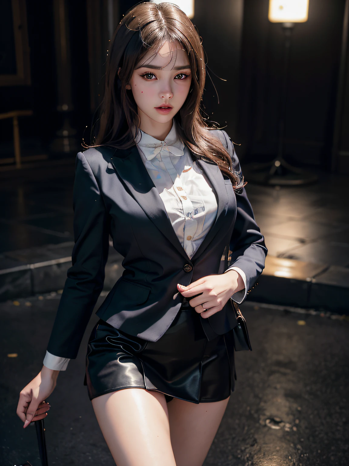 best quality, masterpiece, 1girl, Beautiful face, (photo realistic:1.3), rim lighting, (high detailed skin:1.2), 8k uhd, dslr, high quality, high resolution, 4k, 8k, Bokeh,  absurdres, best ratio four finger and one thumb, (realistic:1.3), cute 1girl, wearing black formal blazer, medium breasts, short skirt,