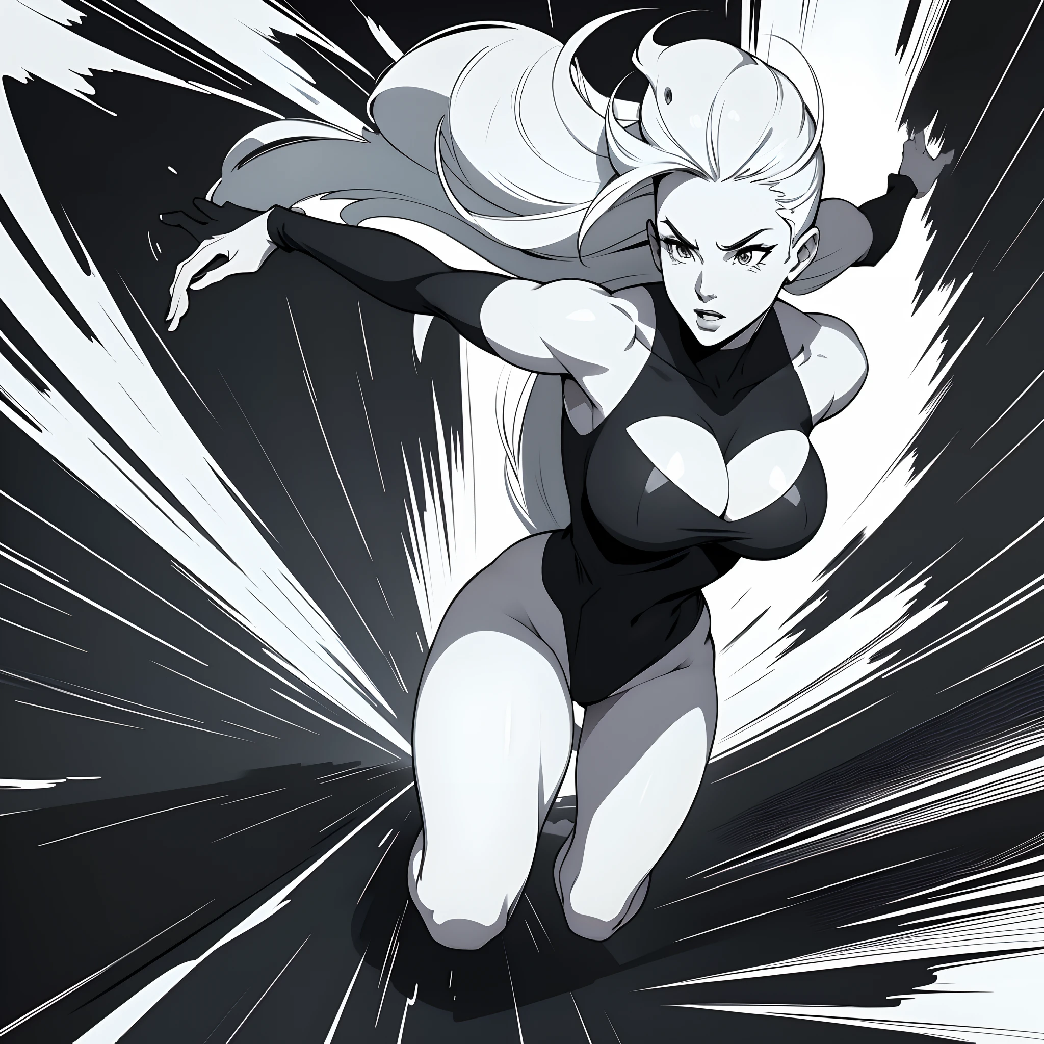Motion lines, super speed, sexy mature woman sprinting at the speed of light, black and white, thick brush strokes,