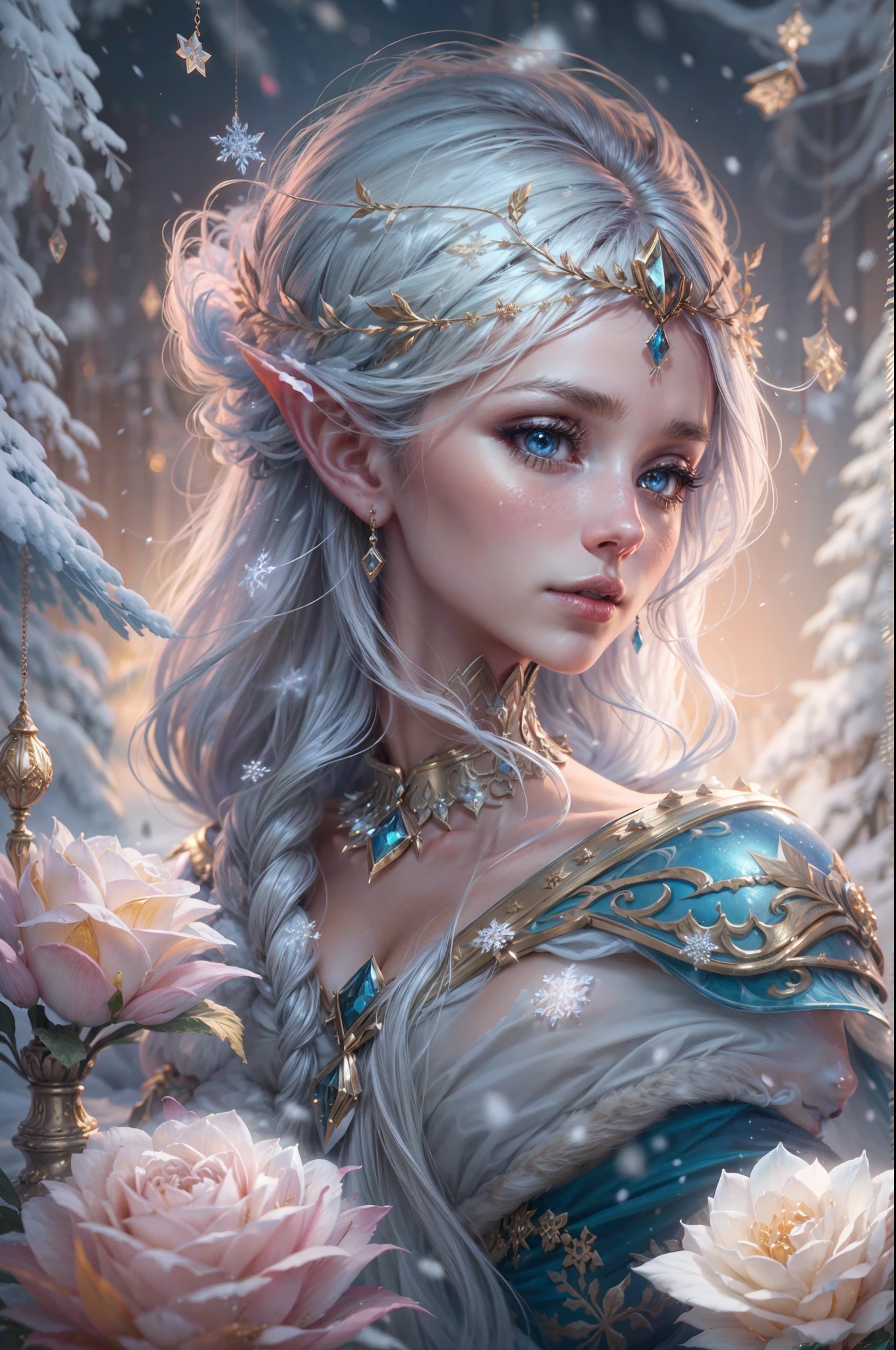 This is a realistic fantasy artwork taking place in a subzero cold winter landscape. Generate a stately, elegant, and graceful Pocahontas elf in a magical world of stunning gilded roses with multicolors and shimmering ice glittering in the light. Her face is elegant and middle-aged and includes realistic shading, incredibly detailed and distinct features, soft puffy and kissable mouth, and (realistic eyes). (Her eyes are important) and should be (beautiful detailed eyes with macro details), realistic details, and a shifting array of beautiful blue colors. Her clothes should be delicately spun from weightless, airy, and expensive gossamer silk with delicate and very subtle floral embroidery, (((many warm layers))), and a variety of complementary colors as well as lots of luxurious fur. Her breasts are subtle and her clothing is very warm and heavy. This image is incredibly creative and emphasizes the beautiful detail of the gilded roses and the pure snow on the ornate ice. Include beautiful detailed snowflakes, icy air, and magical doves. Include pebbles, stones, bumps, glitter, and iridescence. Camera: Utilize dynamic composition techniques to draw the viewer into the scene. Lighting: Enhance the glitter of the snow and ice and emphasize the fantasy winter aspect of the image. Take inspiration from top masters of the genre and trending Midjourney and ArtStation art.