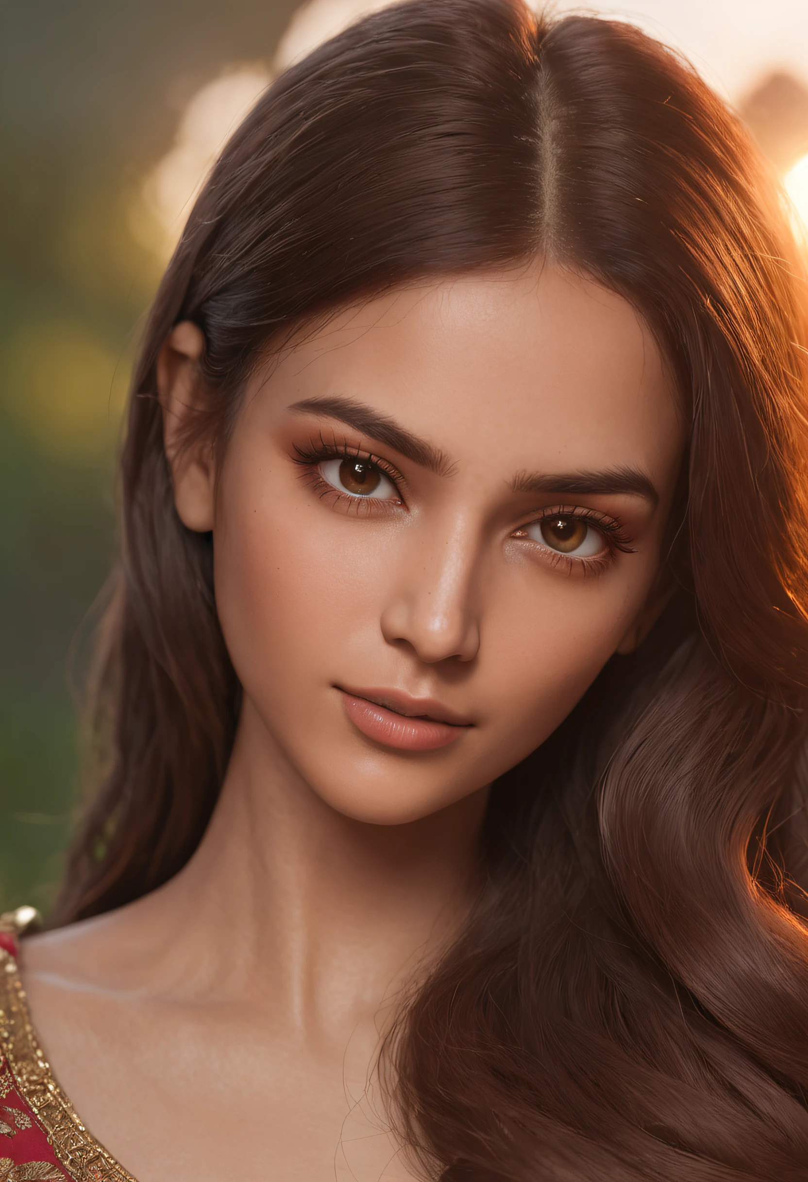 an ultra realistic shot of a very beautiful Indian modern woman with gorgeous brown hair posing for a picture, extremely detailed and clear facial features, realistic barbie doll, realistic anime art style, The color palette consists of warm, golden tones reflecting the sunlight. Her eyes, filled with the colors of a vibrant sunset, captivate the viewer. The illustration radiates a sense of ethereal beauty and connection to nature, cinematic, Hyper-detailed, insane details, Beautifully color graded, Unreal Engine, DOF, Super-Resolution, Megapixel, Cinematic Lightning, Anti-Aliasing, FKAA, TXAA, RTX, SSAO, Post Processing, Post Production, Tone Mapping, CGI, VFX, SFX, Insanely detailed and intricate, Hyper maximalist, Hyper realistic, Volumetric, Photorealistic, ultra photoreal, ultra-detailed, intricate details, 8K, Super detailed, Full color, Volumetric lightning, HDR, Realistic, Unreal Engine, 16K, Sharp focus, cgsociety 9