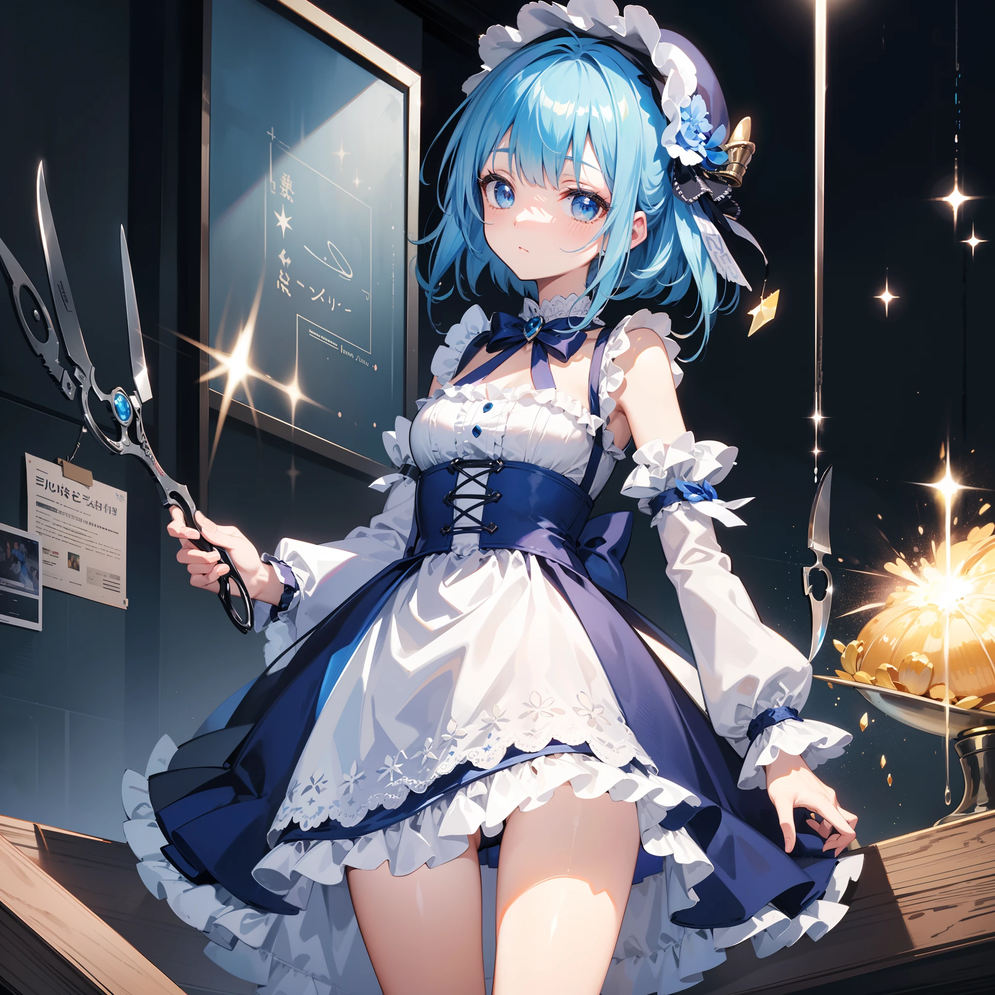 Masterpiece, Best Quality, (Very Detailed CG Unity 8k Wallpaper) (Best Quality), (Best Illustration), (Best Shade), Loli, Blue Lolita Dress, Blue Hair, Blue Bonet, Cute and Gorgeous Lolita, Blue Scissors, Cornflower Headdress, Magical Girl, Leaky Pee, Sex, , Crash