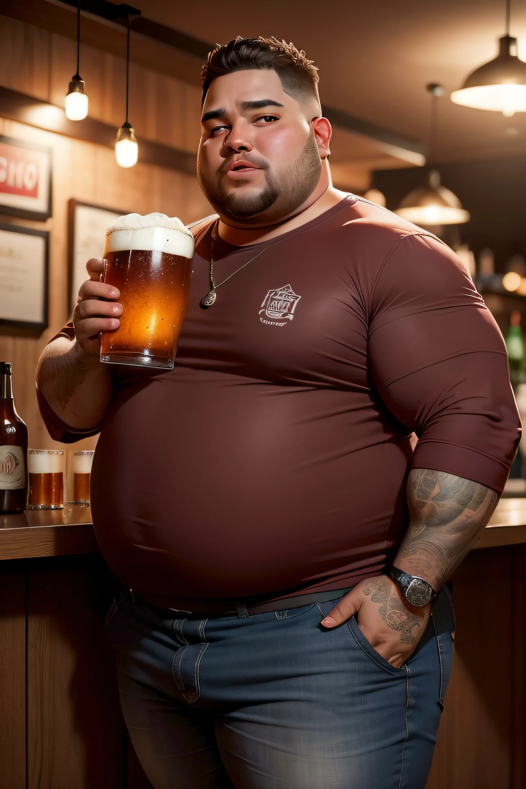 Make a man with obesity. Esse homem deve estar usando roupa vermelha. Ele deve estar dentro de um bar. He's drinking beer. Foto ultra realista, qualidade 8k, fullhd