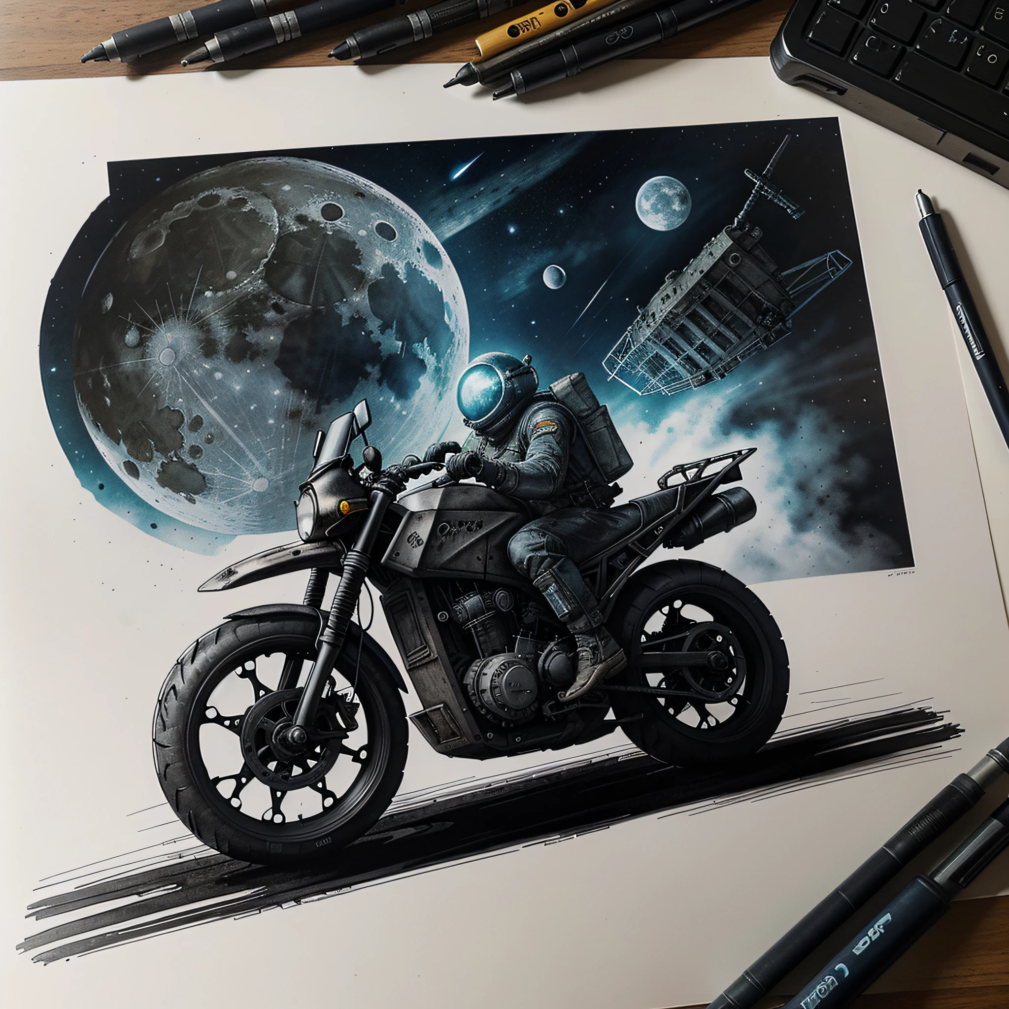 Moon vehicle in action, bits of color, Sketch, hand drawn, dark, gritty, realistic sketch, Rough sketch, mix of bold dark lines and loose lines, bold lines, on paper, lander sheet, tech, metal, slik, sci-fi, ghostly theme, (((items and gear listed on the side)))