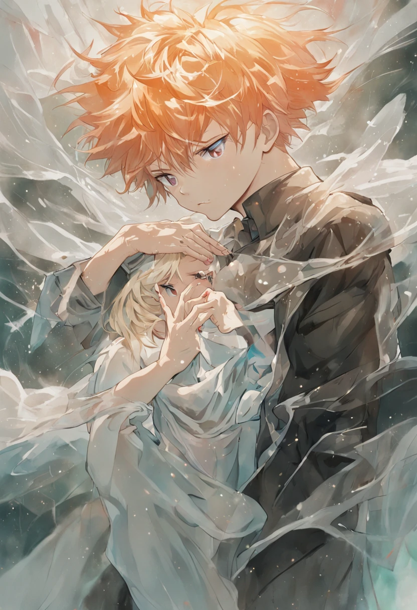 pintura de um homem vestindo uma roupa branca e outro homem atras dele meio transparente, They use their hands on top of a woman who is sick