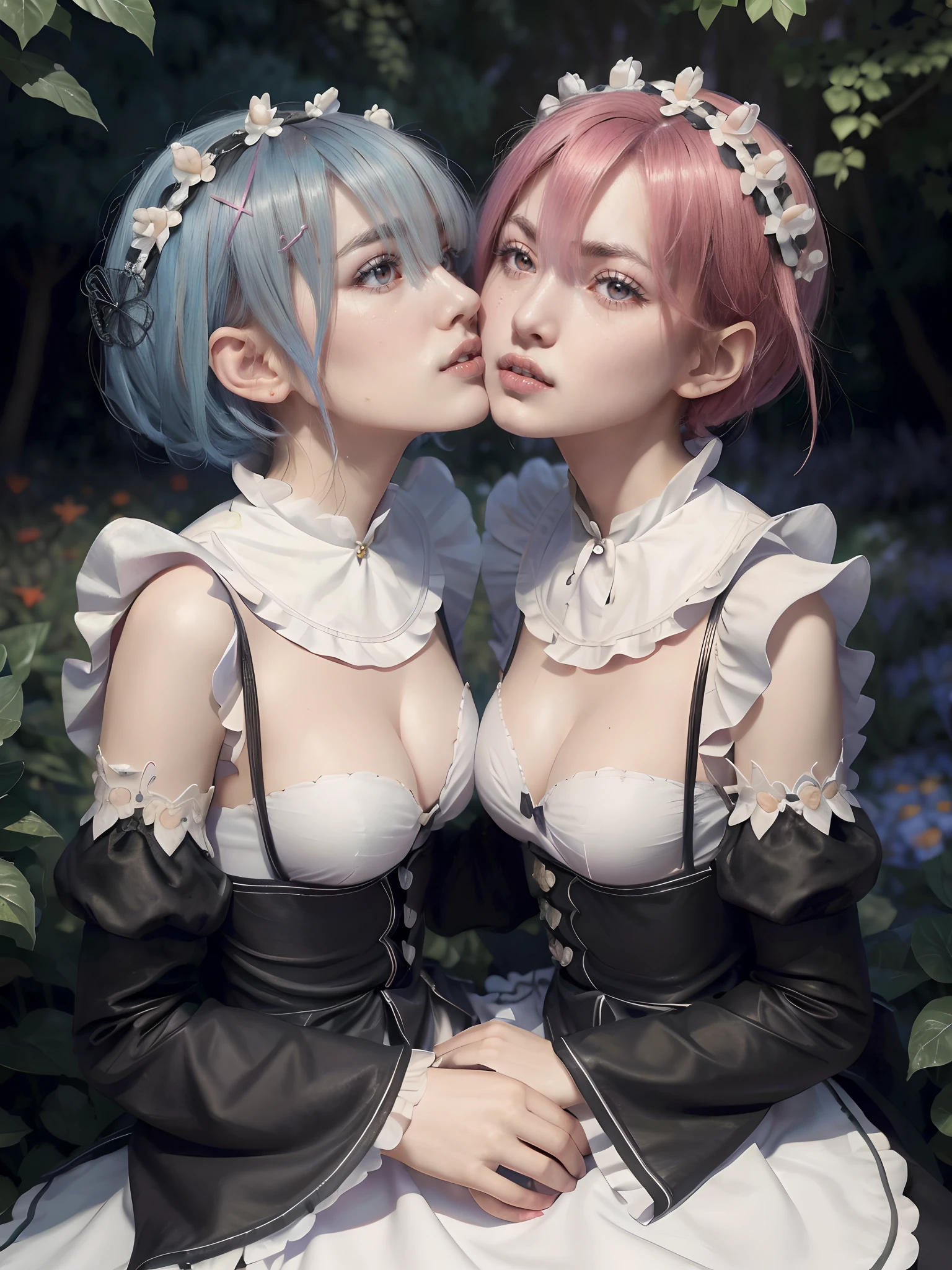 (masterpiece, best quality:1.4), (full body), (kissing at the garden:1.4), (2girls:1.5), (ram_rezero with pink hair:1.2), (rem_re_zero with blue hair:1.2), rem_re_zero, short hair, maid uniform, (black maid uniform:1.5), hair ornament, cleavage, maid headdress, detached sleeves, ribbon, medium breasts, ram_rezero, short hair, (red eyes, red iris), maid uniform, (black maid uniform:1.5), hair ornament, cleavage, maid headdress, detached sleeves, ribbon, medium breasts, beautifull smile, (beautiful face), (highly detailed face, highly detailed eyes), (highly detailed skin), skin pores, subsurface scattering, realistic pupils, full face blush, full lips, depth of field, volumetric lighting, sharp focus, absurdres, realistic proportions, good anatomy, (realistic, hyperrealistic:1.4), 16k hdr