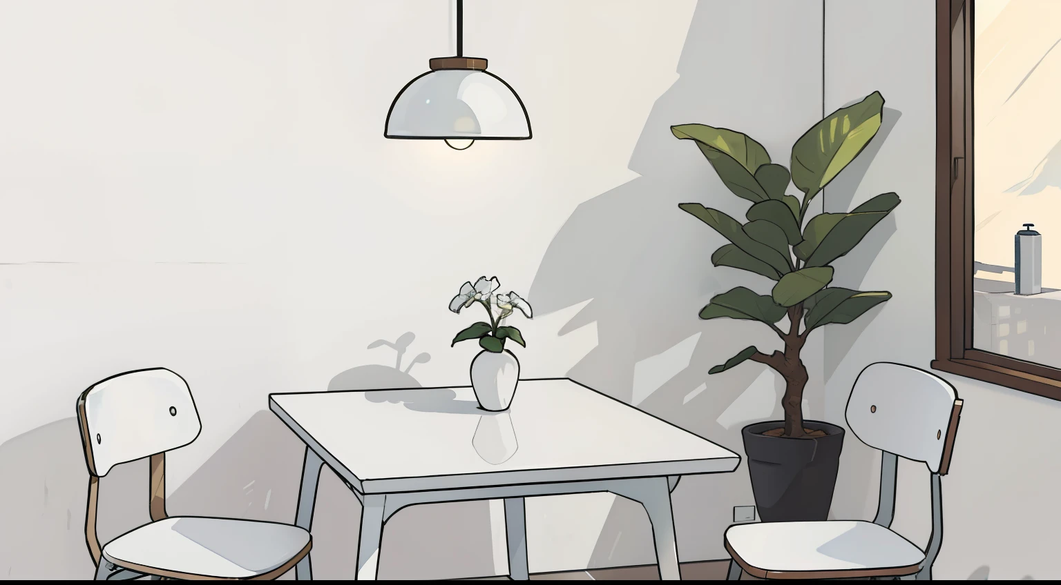 a table and chair white, uma parede branca e piso branco ,
