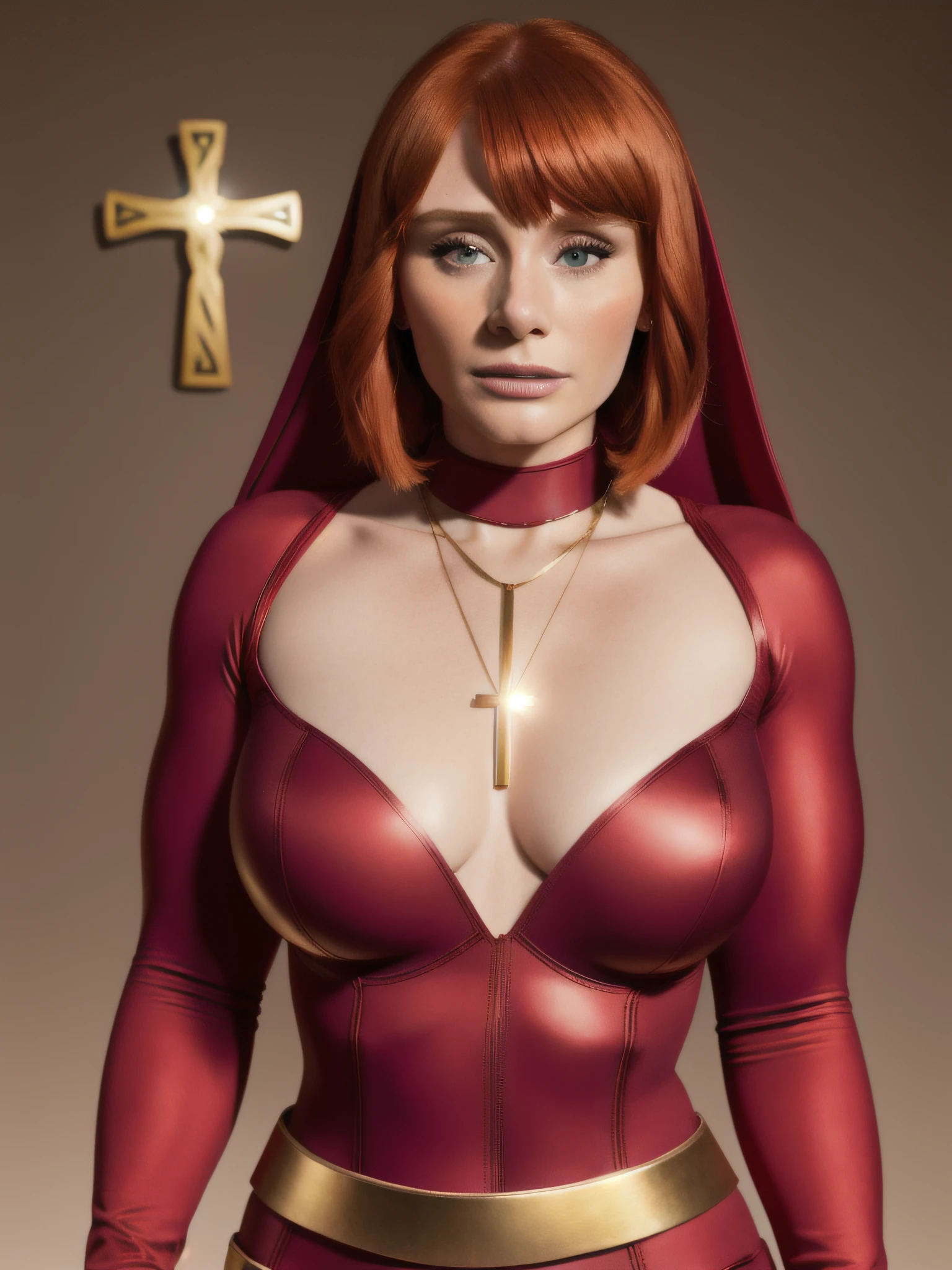 Bryce Dallas Howard, red hair, wearing (warrior nun, superhero tight suit)1.2, (cleavage with gold Christian-cross necklace between natural boobs)1.4, (beautiful detailed face), (stylish bob haircut)1.2, natural breasts, (stacked boobs), (braless) (pokies)1.2, full body with visible face, (full sharp, sharp focus)