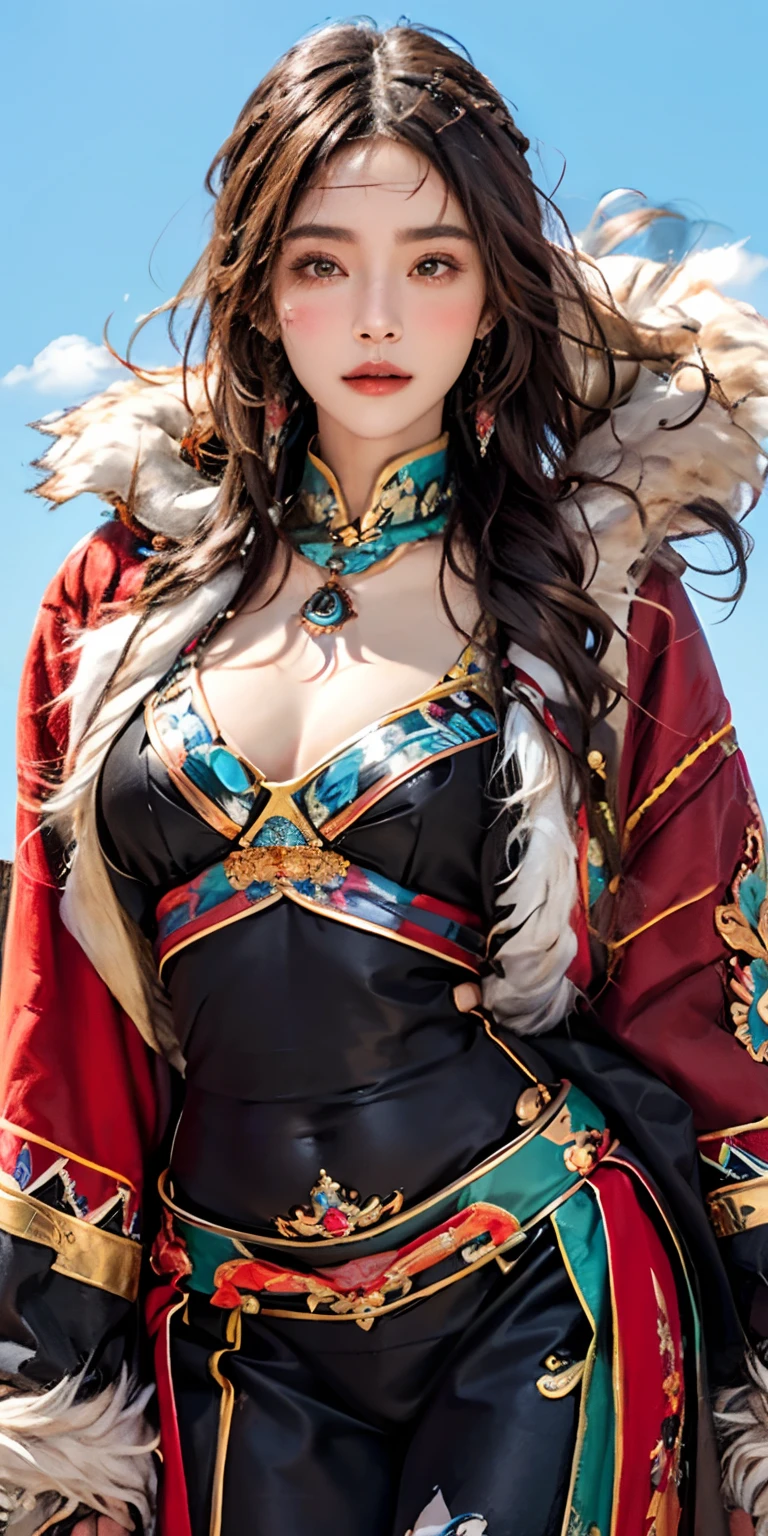 photorealistic, high resolution, soft light,1women, solo, hips up, shining skin, (detailed face), plateau,blue sky,grassland,extreme detailed,torogao, tibetan, tibet clothes, fur coat, jewelry, tattoo