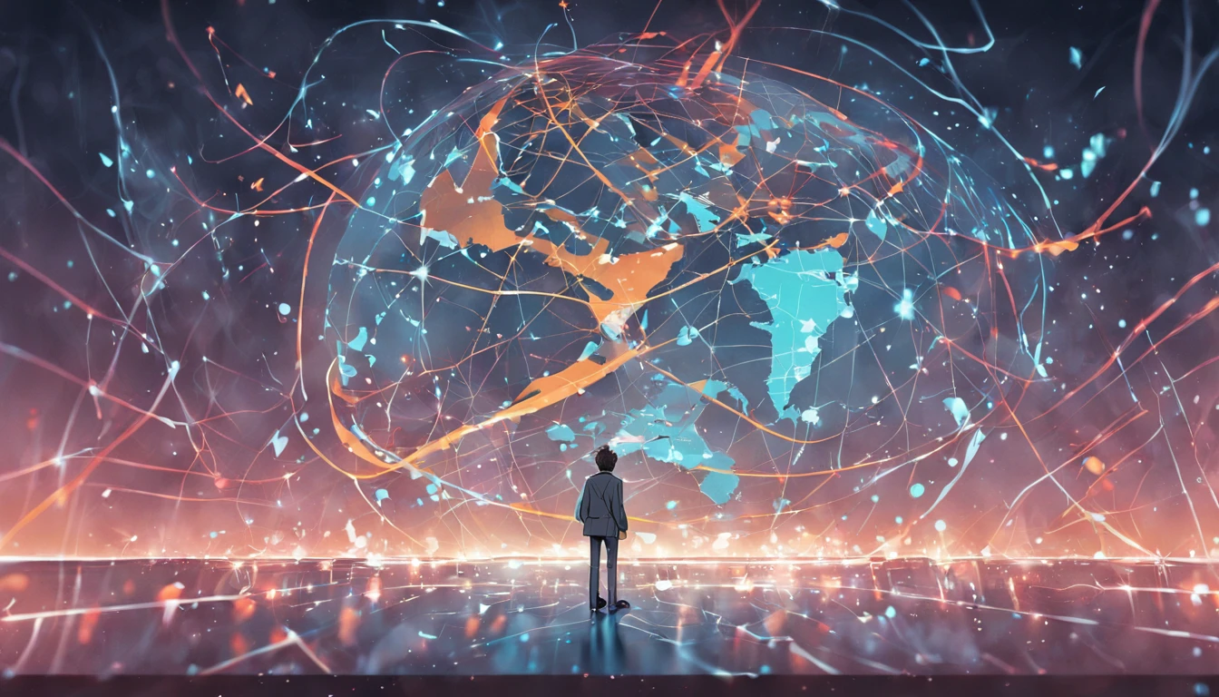 ฺBusinessman holding Global network connection. Big data analytics and business intelligence concept. World map point and line composition concept of global business