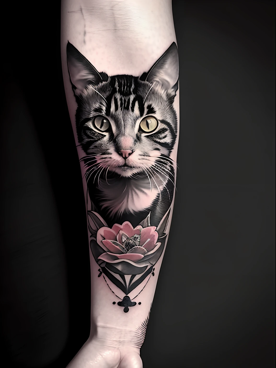 An arm with tattoo of a dead cat