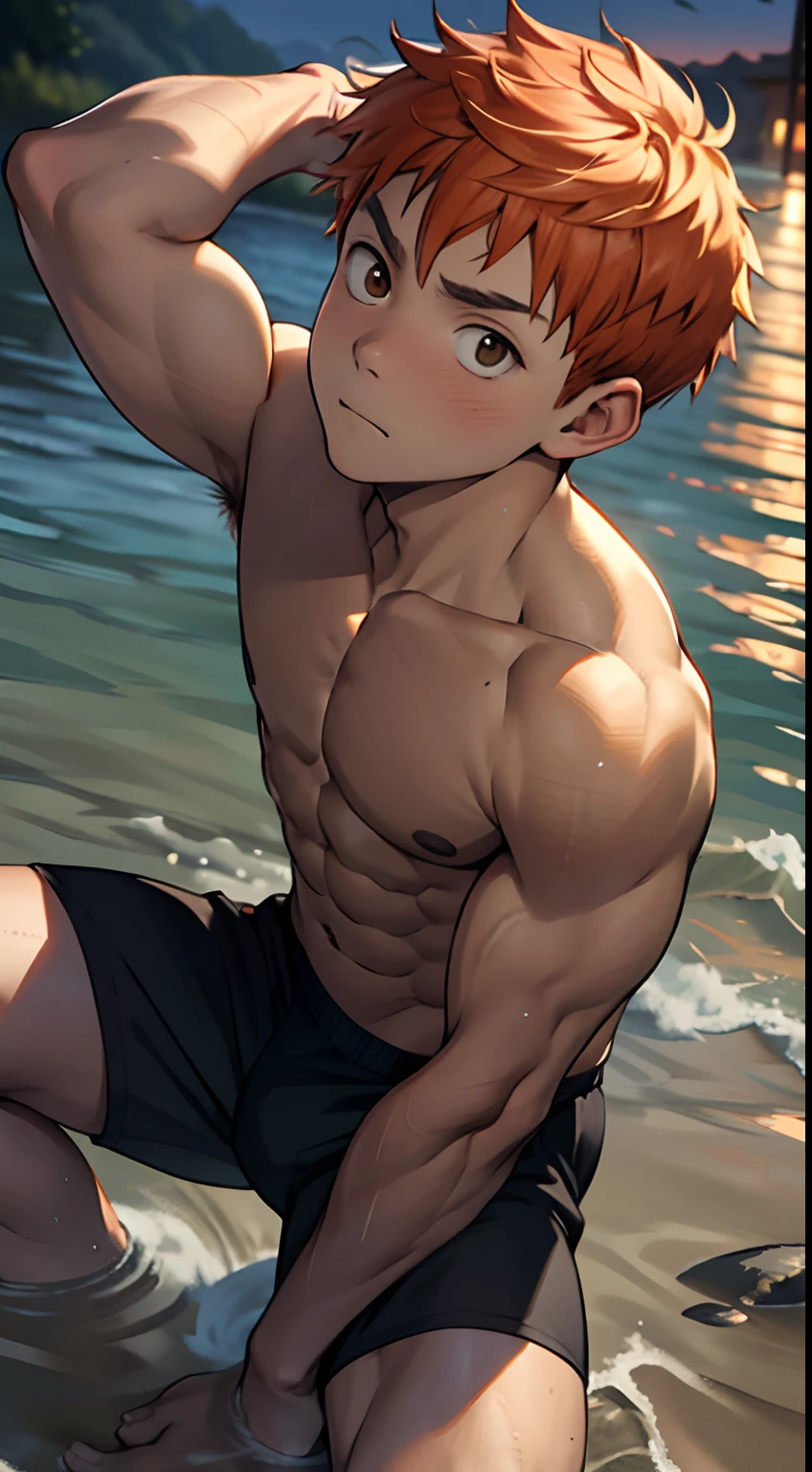 (masutepiece, Best Quality),1boy,(younge boy,child-faced),teenager face,Side view,Body tilt,Immerse yourself in flowing water,Flabby hands,delicate big eyes,Open your eyes ,Big ,,smooth and delicate skin,Short square face,Surprised expression,infancy,slimey,infancy,young age,short round face,Flat chin,finely detaild face,Briefs,well-muscled,short bright orange hair,The eye,with an intricate,full body Esbian,nakeness,Black Teal Brief,Abs pectoral muscles,the night,vivd colour,(depth of fields:1.2),(Abs),looking at viewert,top-down perspective,Spread your legs apart,Arms hang down,top-down perspective,