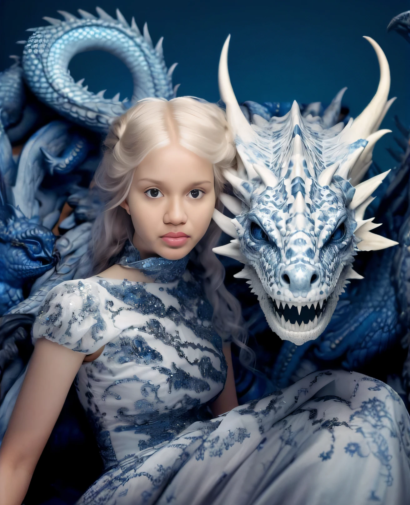 A closeup of a woman in a dress with a dragon on her head, Queen of Dragons, fantasy photoshoot, arte de fantasia hiperrealista, Daenerys, dragon girl, Daenerys Targaryen, blue dragon, the dragon girl portrait, Kerli Koov, fantasia hiper realista, dragon queen, Erwin Olavo, teenage girl riding a dragon, with magical creatures