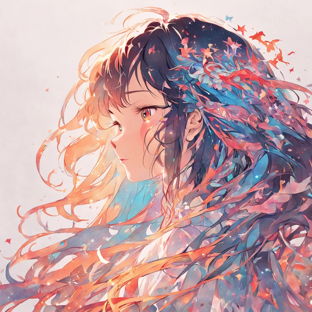 (White background:1.4),(Silhouette of a girl's head,Eyes closed,colorfull long hair,Oriental elements),(Chinese illustration:1.3,paper art:1.3, Quilted paper art:1.2),(reasonable design, Clear lines, High sharpness, Best quality, Very detailed,Masterpiece,movie light effect, 4K)。