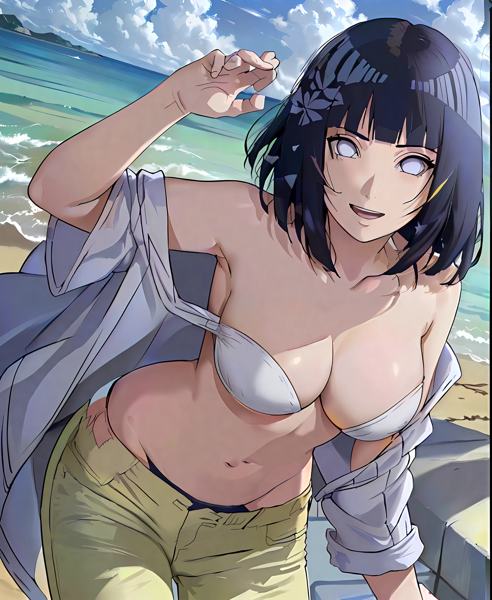 (WALLPAPER,  (hinata\(boruto\), masterpiece, 4k, vector coloring, whole body shot, contrast lighting, mature female, (curvy:0.8), solo, anime style, sharp focus, professional artwork, intricate details, detailed beach background, colorful, vibrant colors, vivid colors, digital blending, ultra detailed body, ultra detail hair, ultra detail face, trending on pixiv, very hot colors, sunny day, outdoor, detailed bold arm lines, high color saturation, bold lines, bold drawing lines),
(standing, open mouth, kind smile, extremely happy, goodbye, sexy pose),
((dark blue hair color:1.1), wavy hair, ((short hair, hime cut)),
(perfect eyes, white sciera, bright eyes, white eyes, anime eyes, smoky eyeliner, eyeshadow)
(white skin, slender body, milf, navel, groin, flat belly, perfect face, perfect thighs),
(Thighs, legs, big breasts, perky boobs, off-shoulders, (groin, detailed shoulders), 
(almost naked, only white clothes, bare chest, bare shoulders, bare hands, bare legs), 
(Naked, topless, (white micro pants), no top)