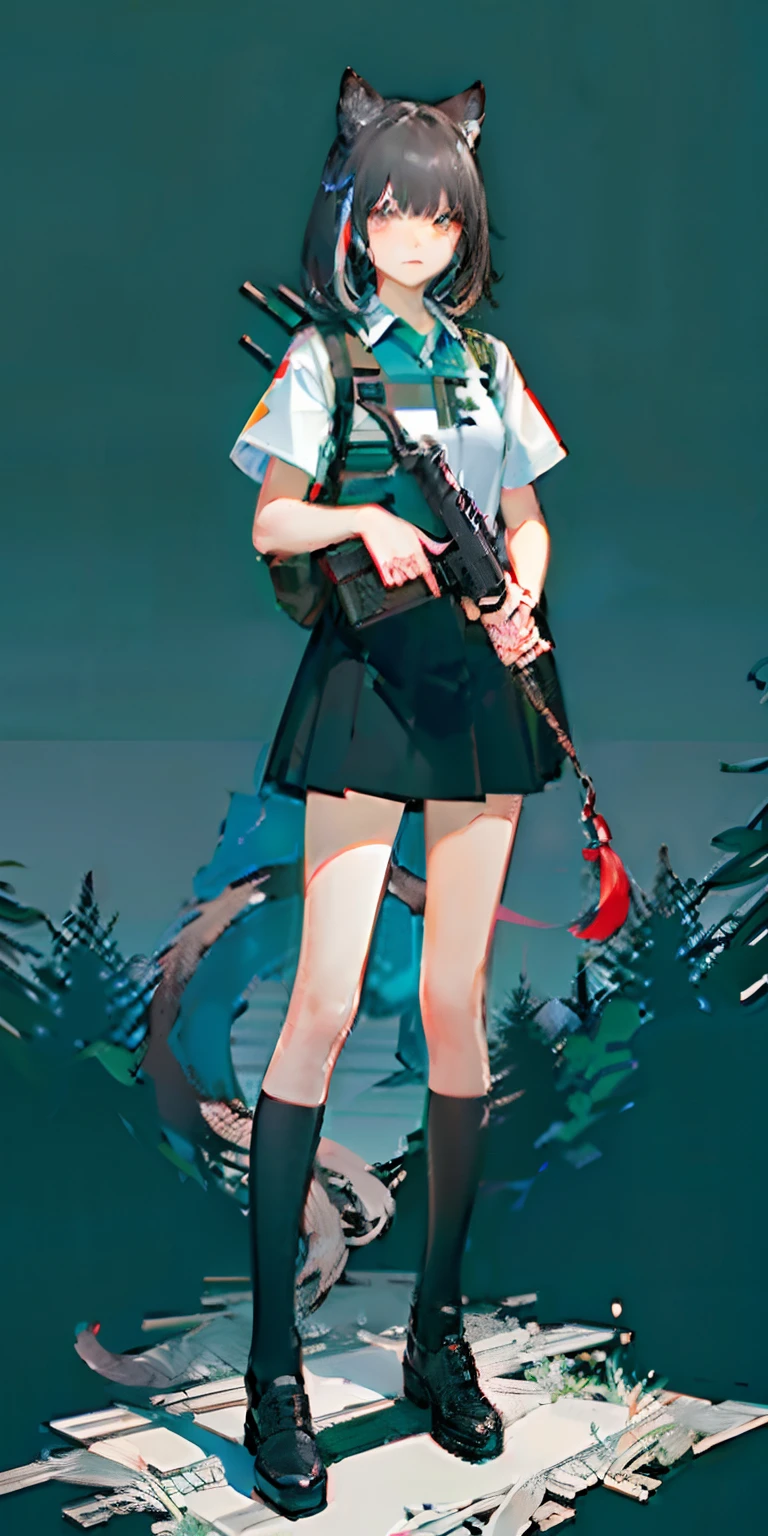 (central persona/full body), cute cat girl, textured short black hair, armed with AR-15, weaver stance, ready to shoot, amidst the woods, dim background composition, ambient, calm and still, girl, fantastic, ultra high definition, dim colors and camouflage, black, forest, woods, (black and white/gray hair), masterpiece, high quality, gray, (devil/person)