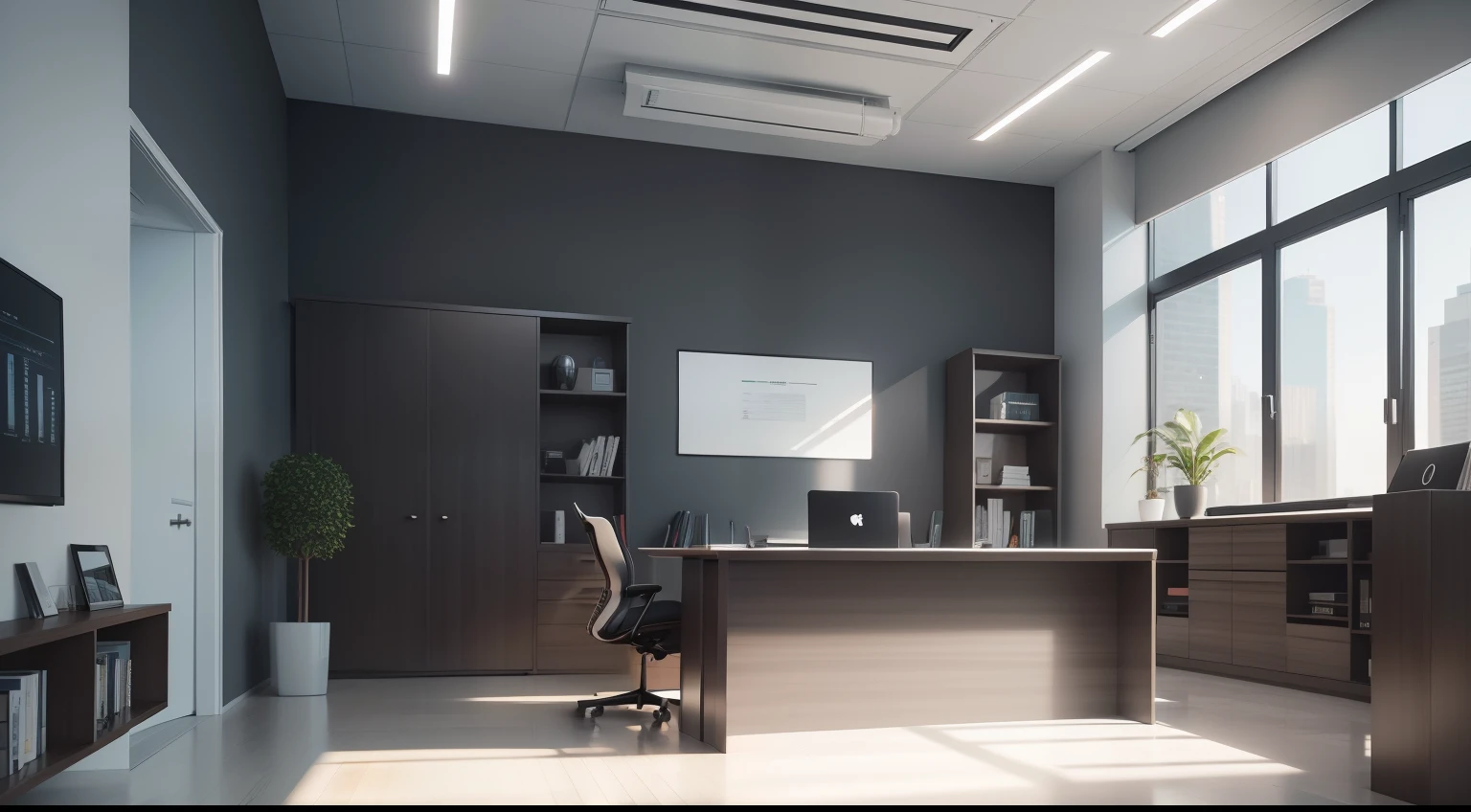 modern office, parede de tijolos, high ceilings, Tecnologia, Nobodies, MacBBOK, longe da parede, sala fechada sem janelas, 8k, 16:9 aspect ratio