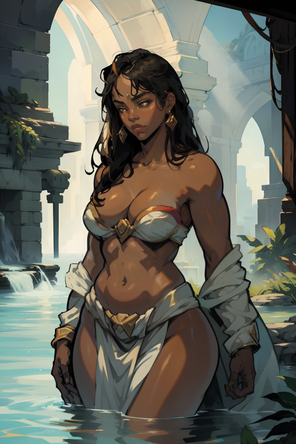 "Envision a breathtaking artwork capturing the essence of beauty and serenity. A mesmerizing masterpiece depicting a captivating bronze skinned female immersed in a divine oasis of radiant sunlight."